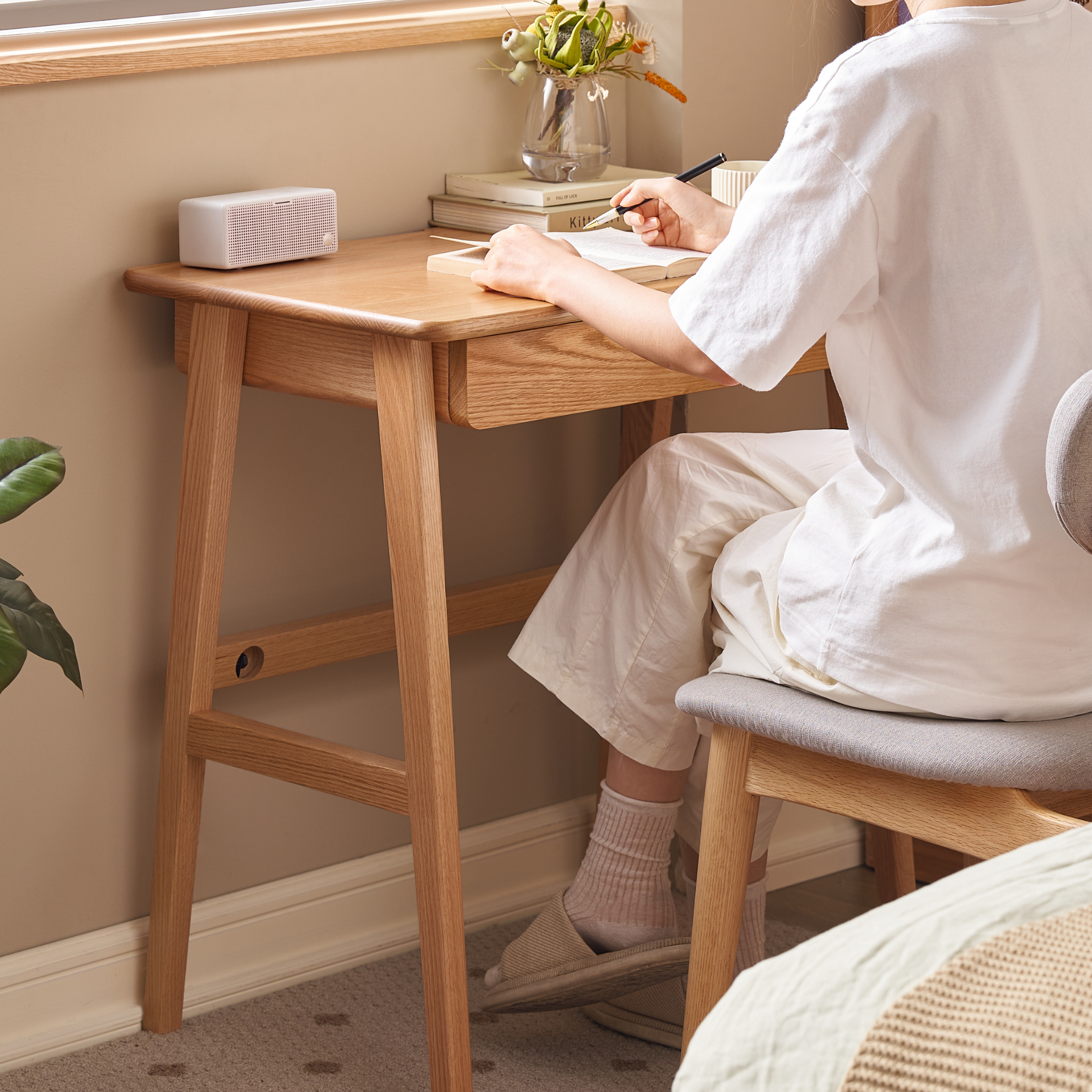 Solidwood Hemura Office Desk with 1 Drawer, Oak, 70cm