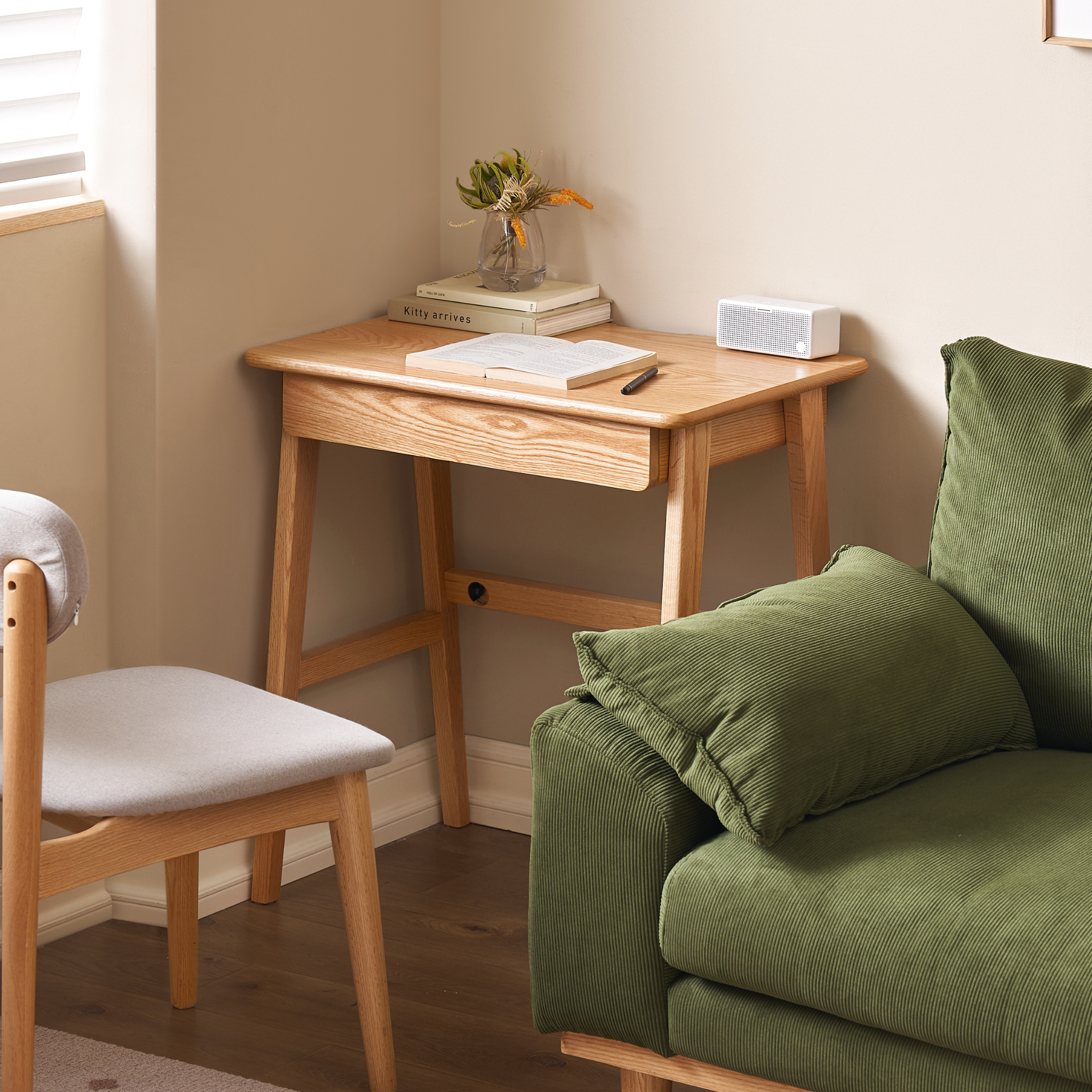 Solidwood Hemura Office Desk with 1 Drawer, Oak, 70cm