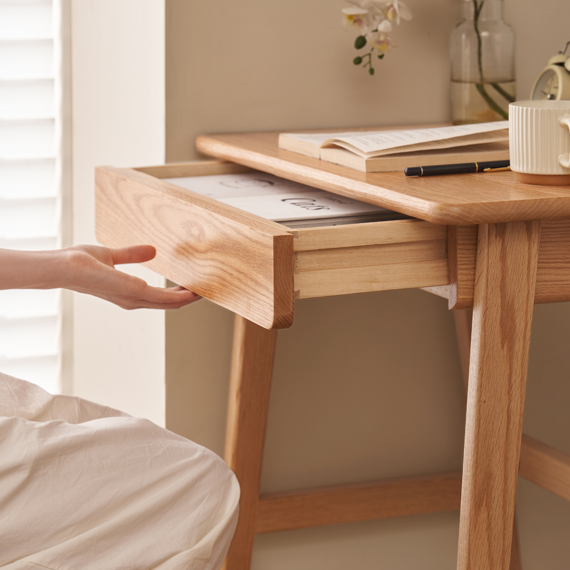 Solidwood Hemura Office Desk with 1 Drawer, Oak, 80cm