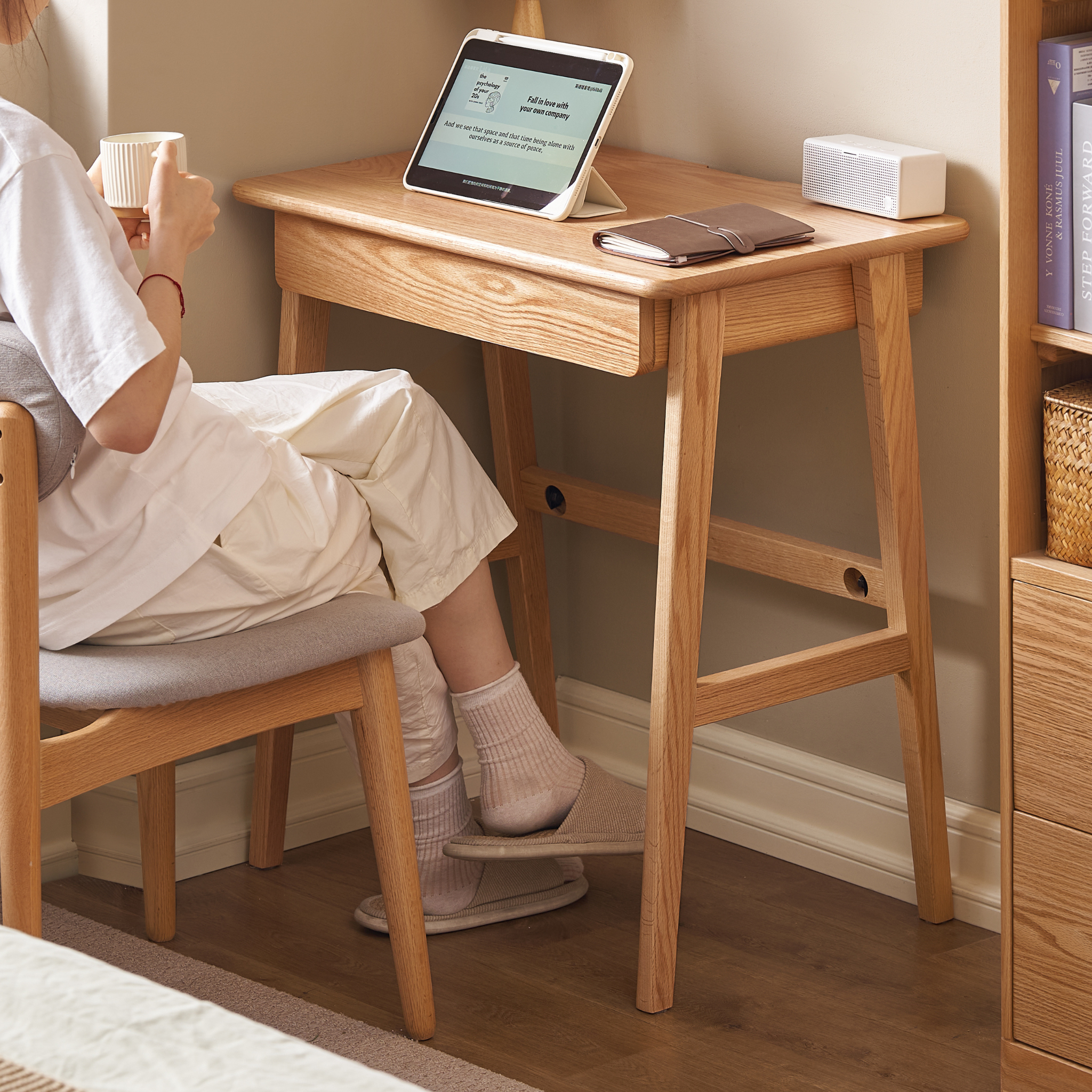 Solidwood Hemura Office Desk with 1 Drawer, Oak, 80cm