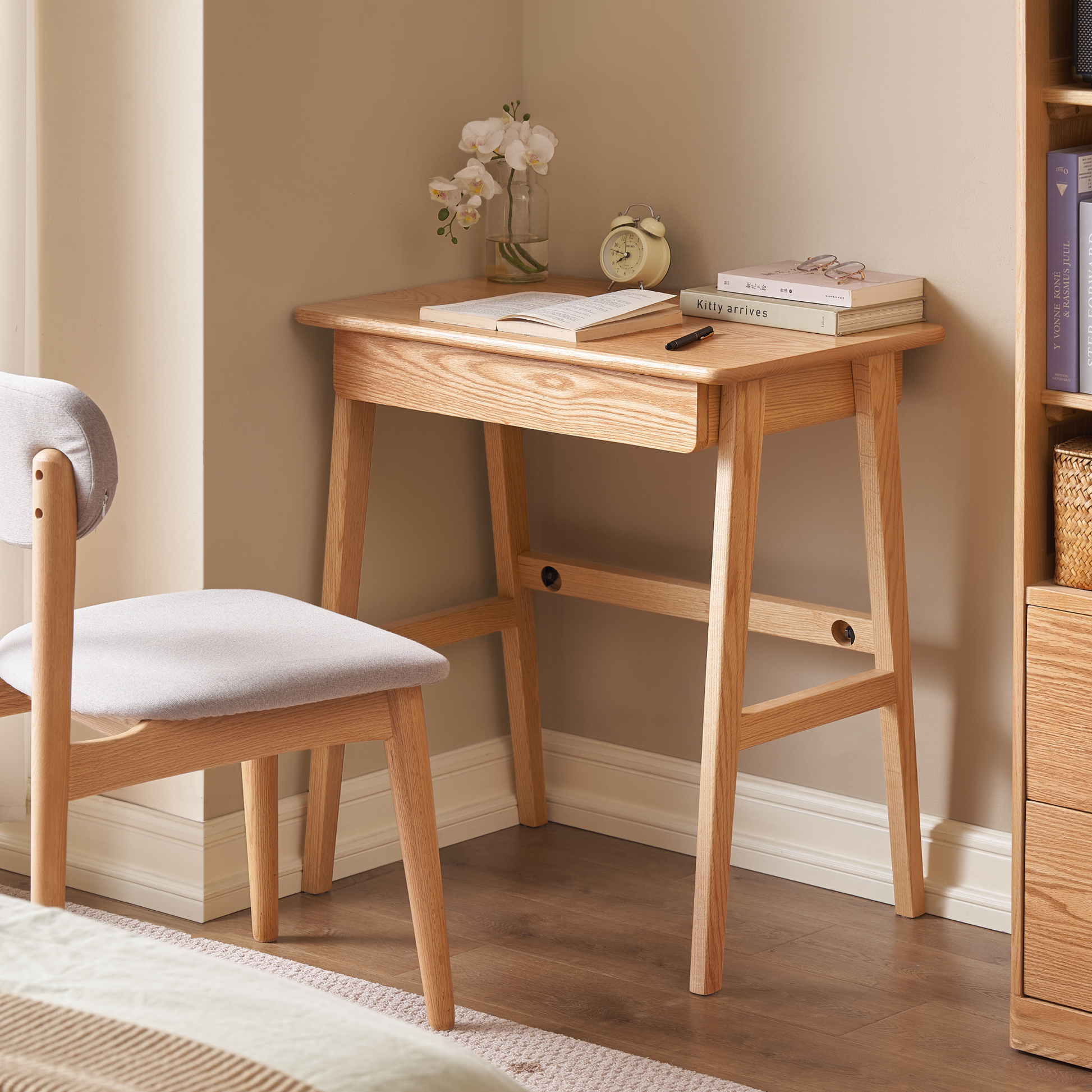 Solidwood Hemura Office Desk with 1 Drawer, Oak, 90cm