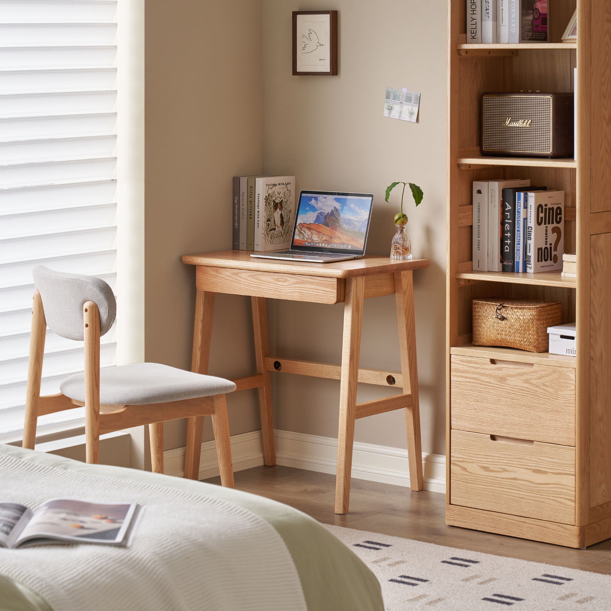 Solidwood Hemura Office Desk with 1 Drawer, Oak, 90cm