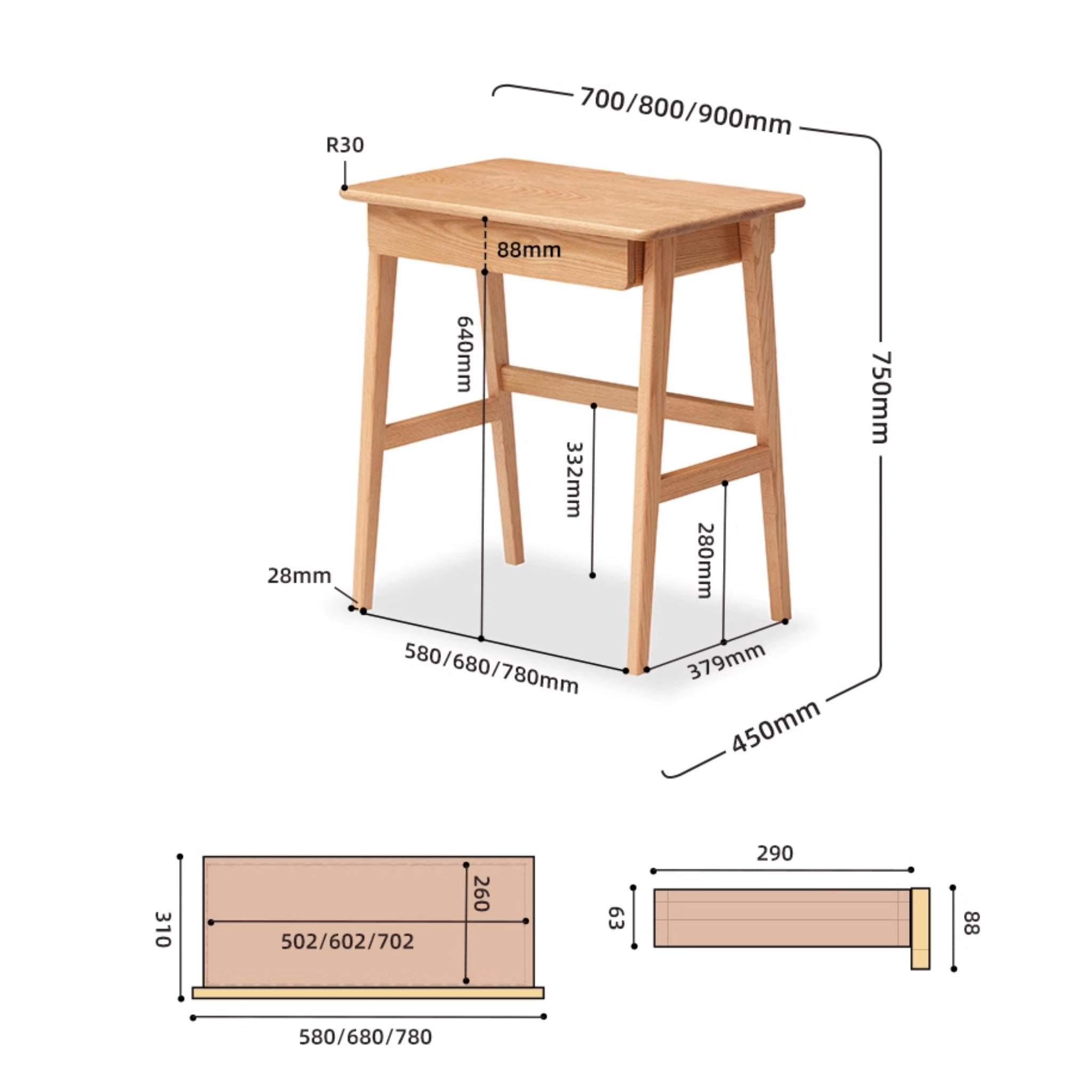 Solidwood Hemura Office Desk with 1 Drawer, Oak, 90cm