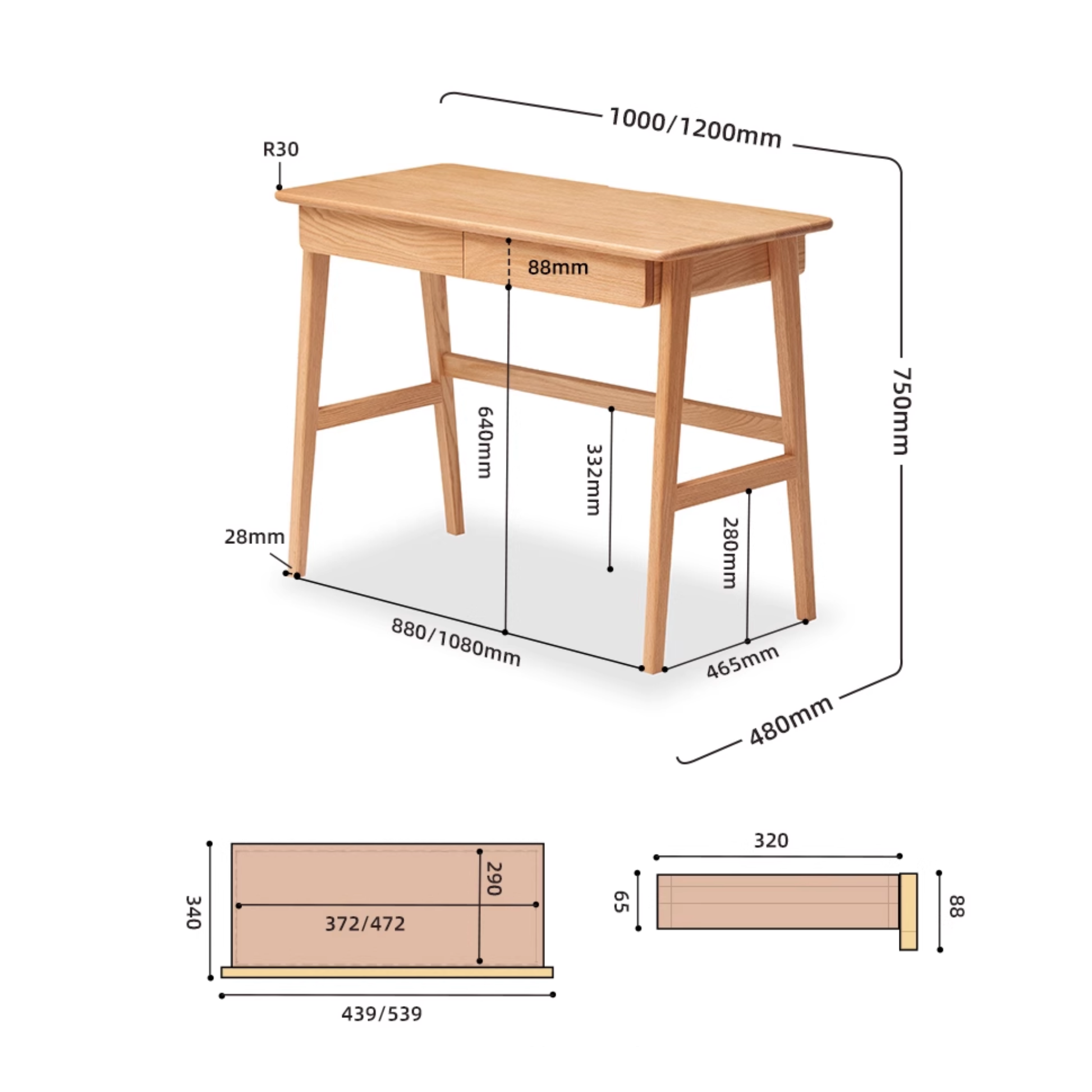 Solidwood Hemura Office Desk with 2 Drawers, Oak, 100cm