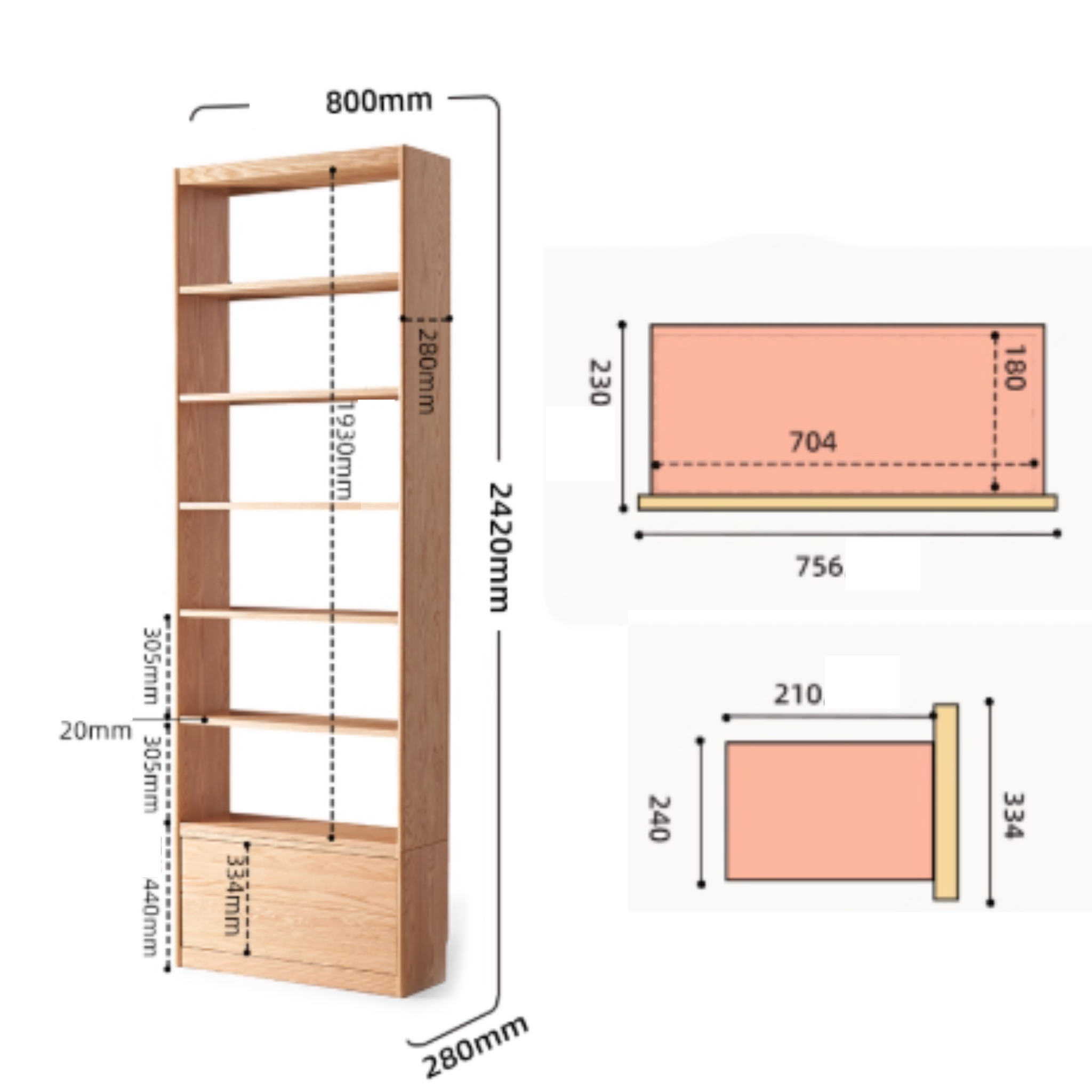 Solidwood Hemura Shelving Unit Module with 1 Drawer, Oak, 80cm