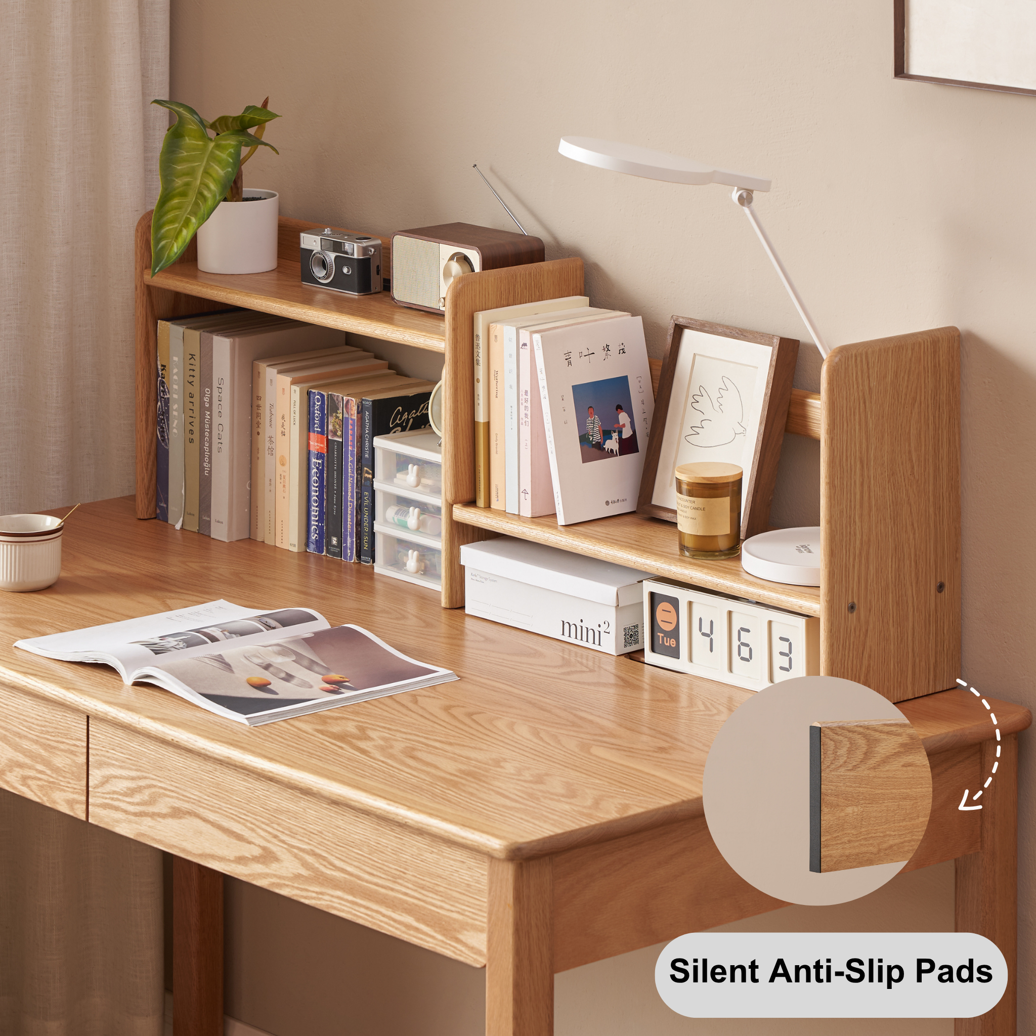 Solidwood Hemura Expandable Desktop Bookshelf, Oak