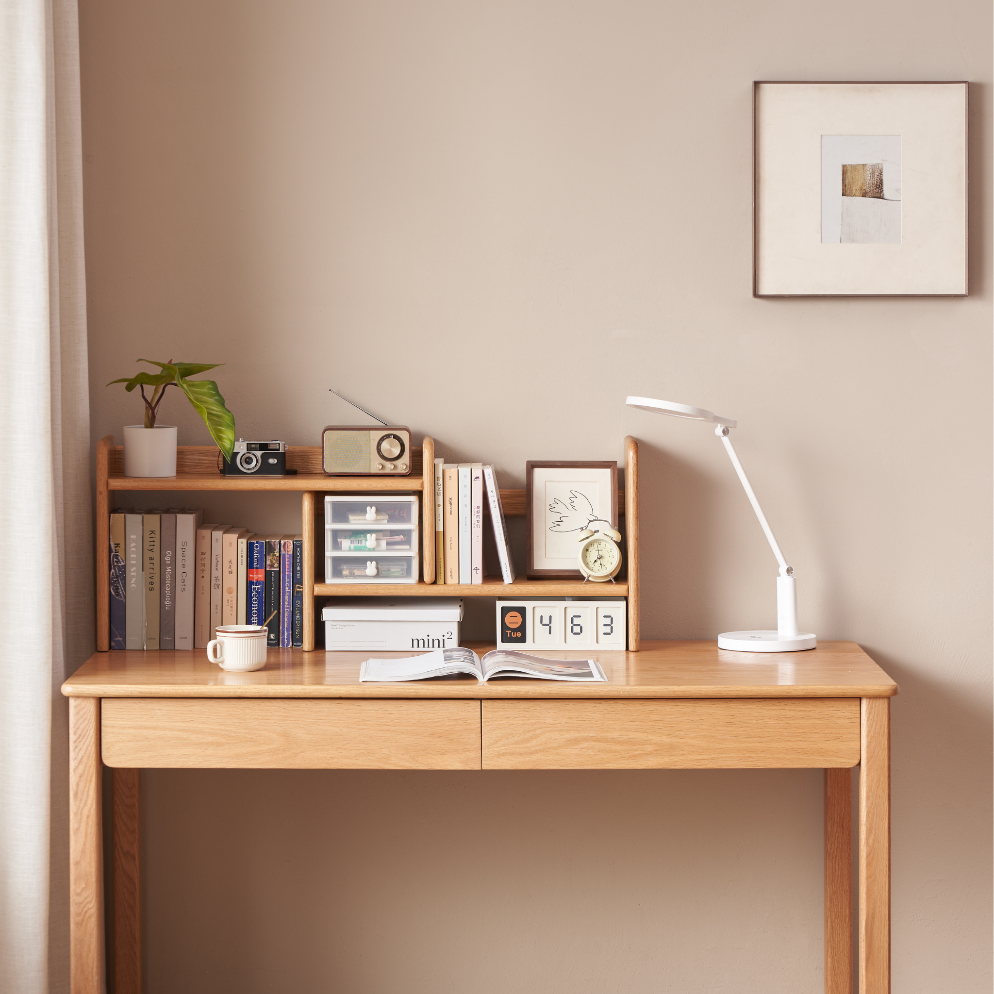 Solidwood Hemura Expandable Desktop Bookshelf, Oak