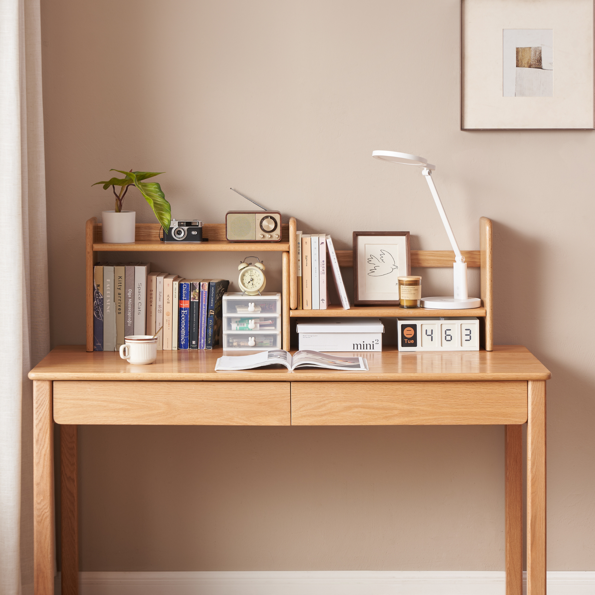 Solidwood Hemura Expandable Desktop Bookshelf, Oak