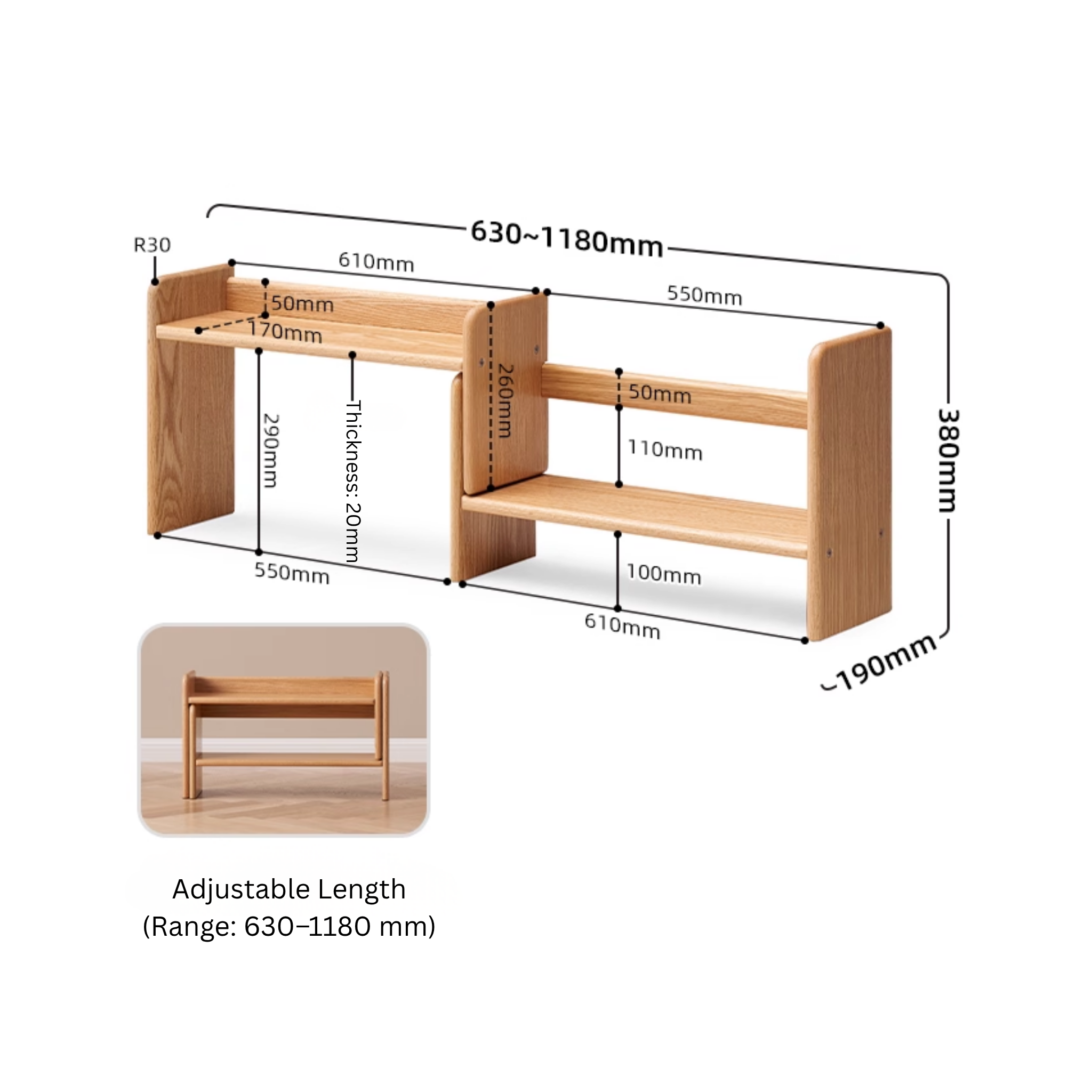 Solidwood Hemura Expandable Desktop Bookshelf, Oak