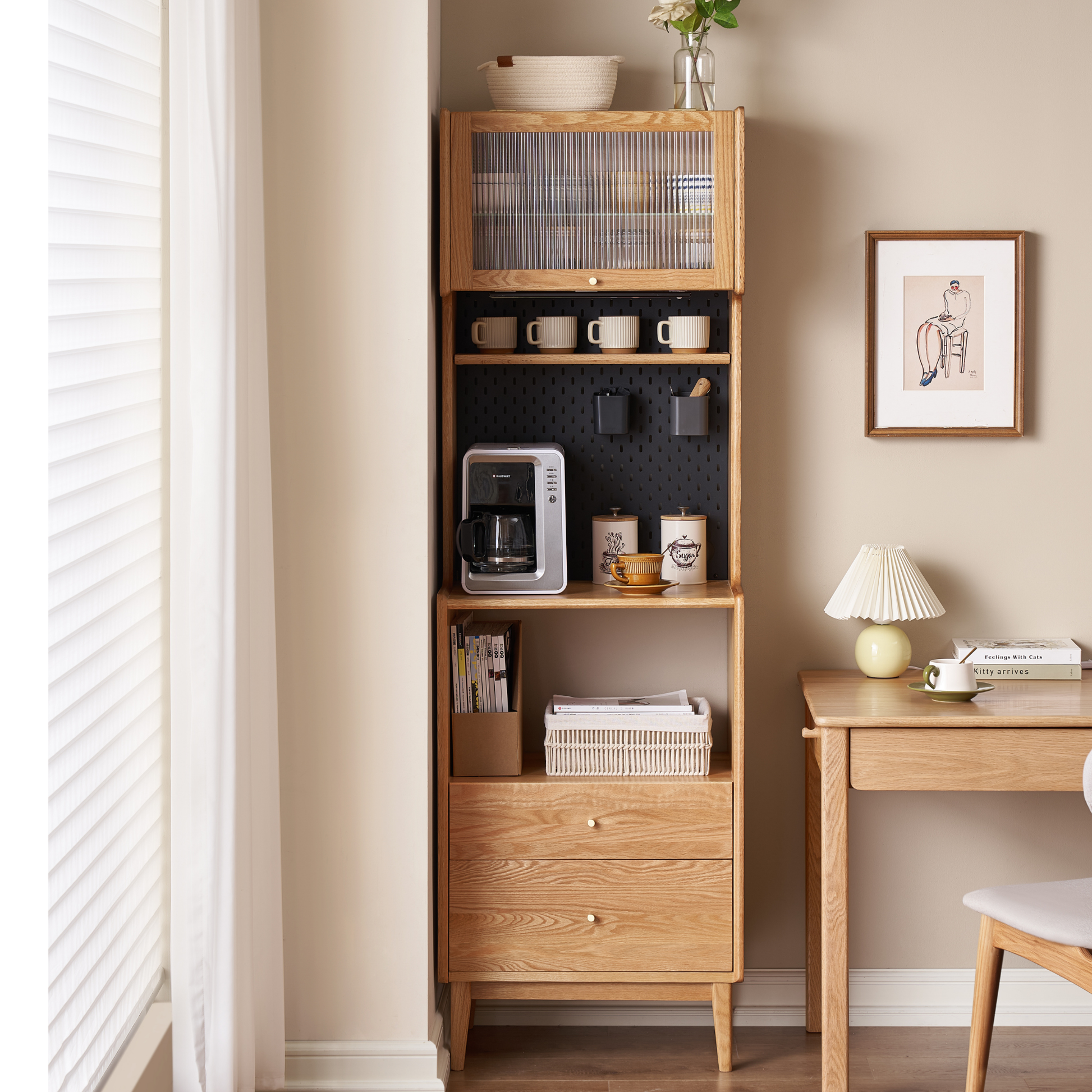 Solidwood Hemura Tall Sideboard with Pegboard, Oak
