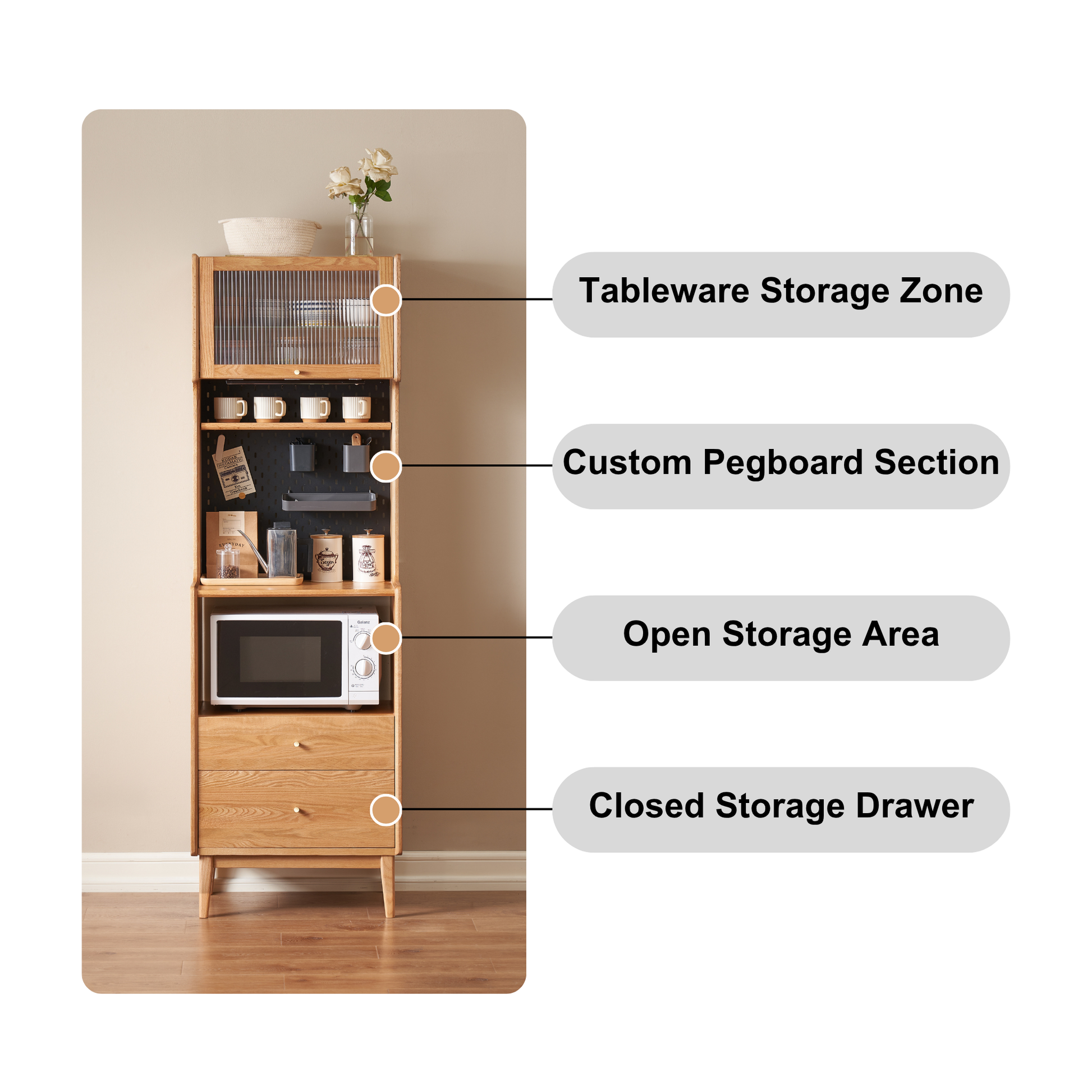 Solidwood Hemura Tall Sideboard with Pegboard, Oak