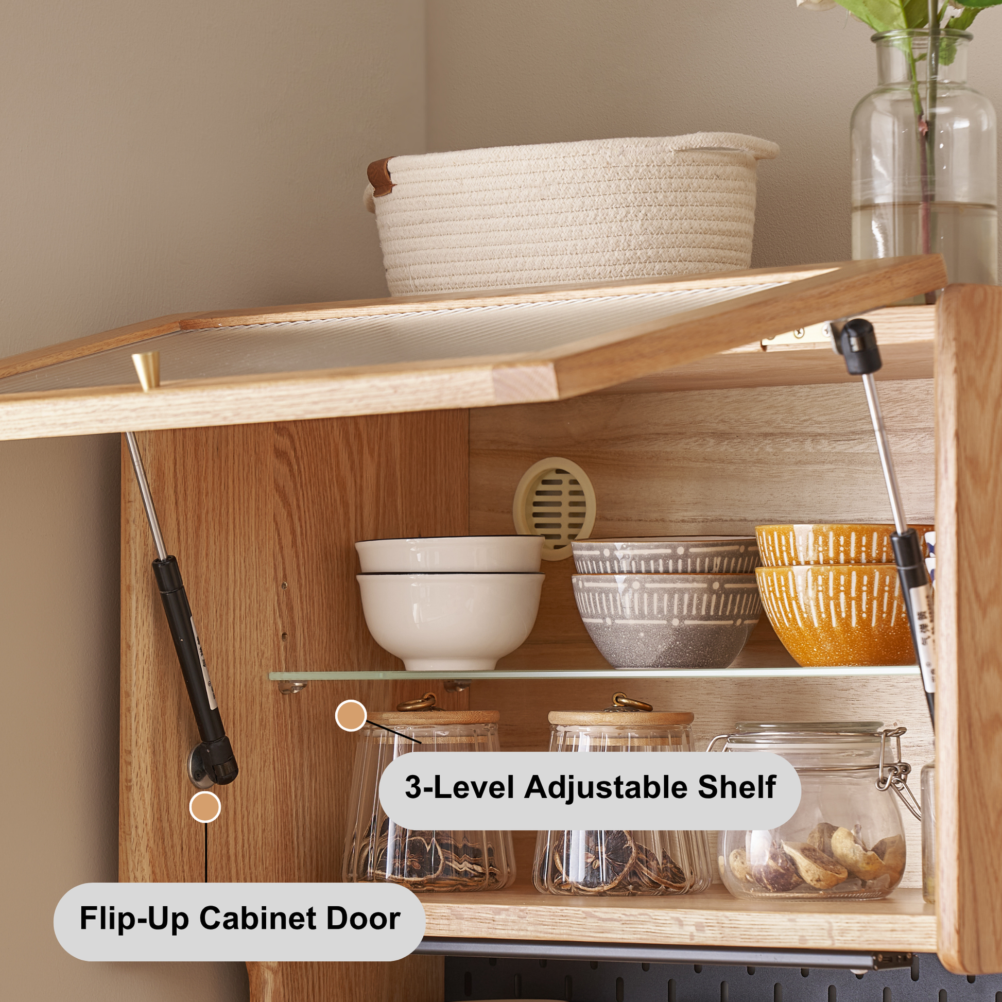 Solidwood Hemura Tall Sideboard with Pegboard, Oak