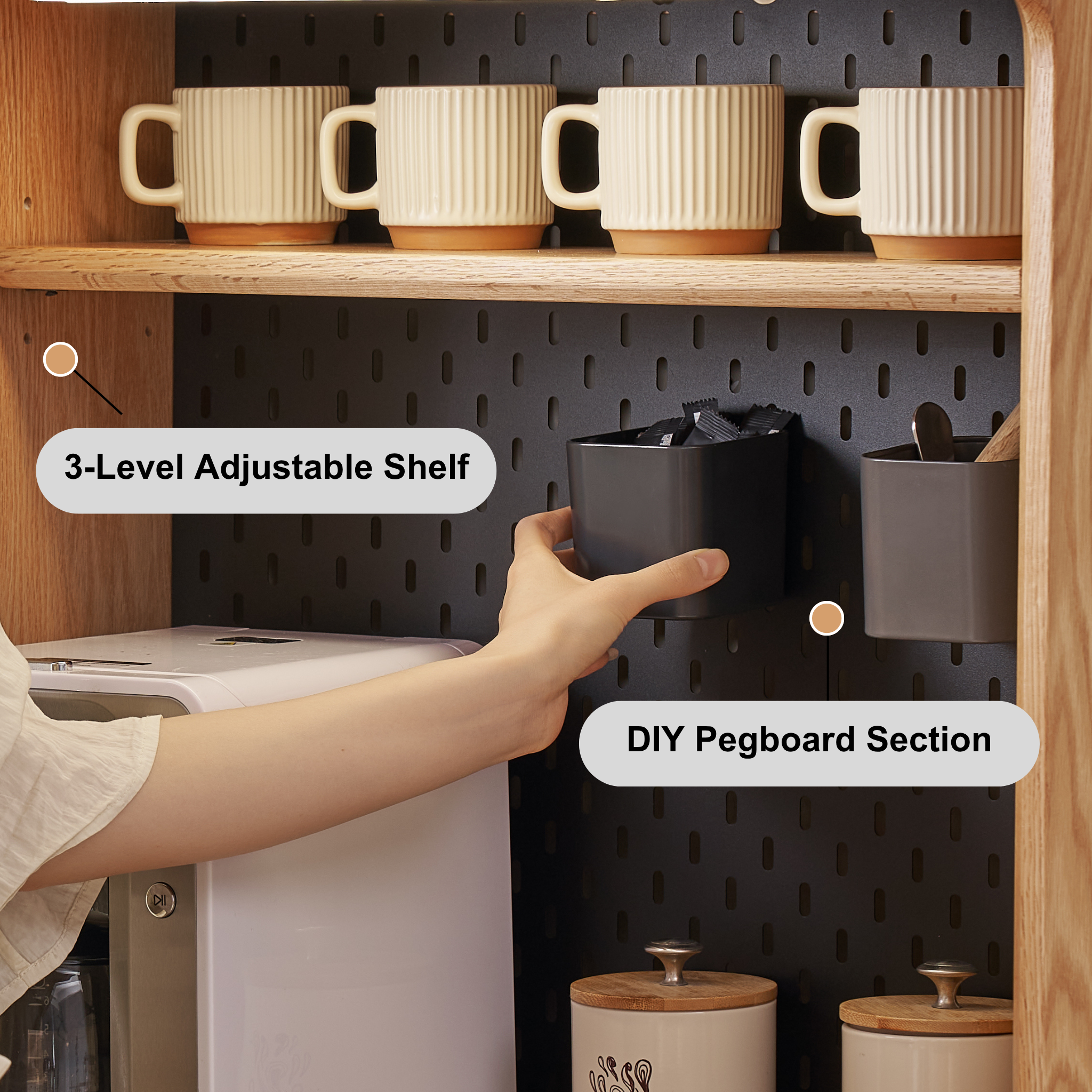 Solidwood Hemura Tall Sideboard with Pegboard, Oak