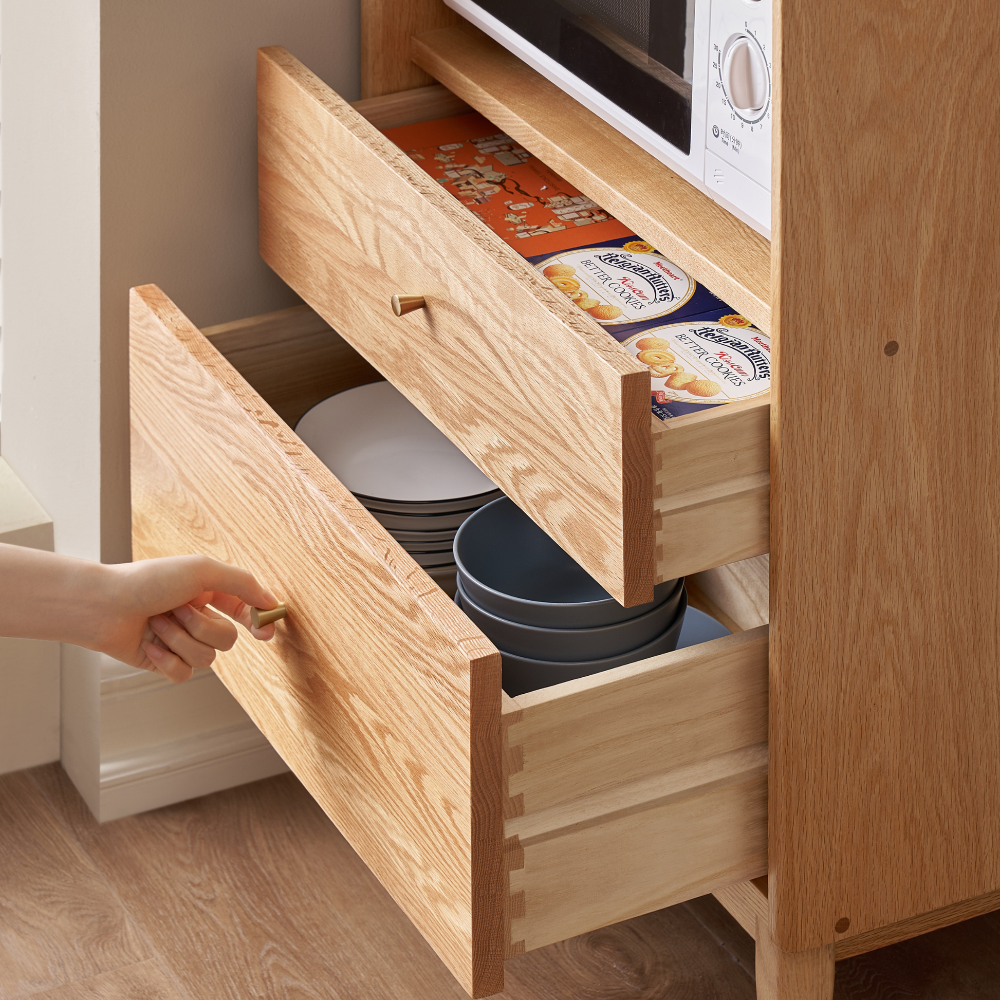 Solidwood Hemura Tall Sideboard with Pegboard, Oak