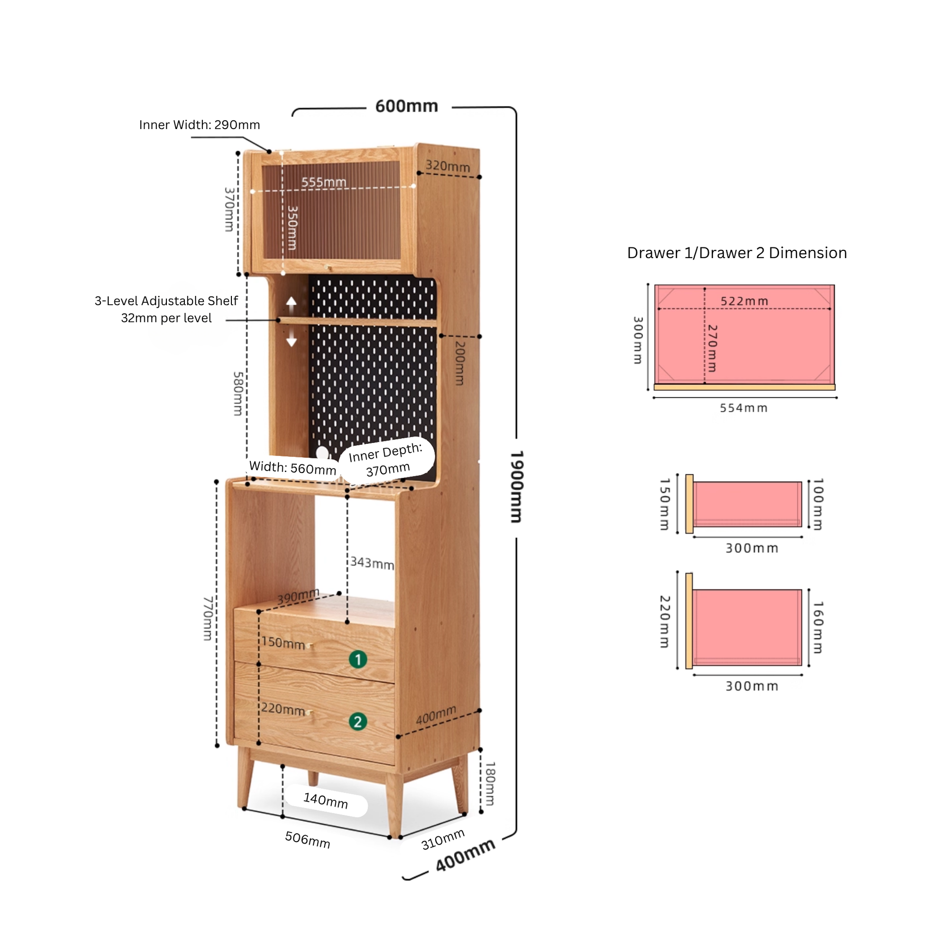 Solidwood Hemura Tall Sideboard with Pegboard, Oak