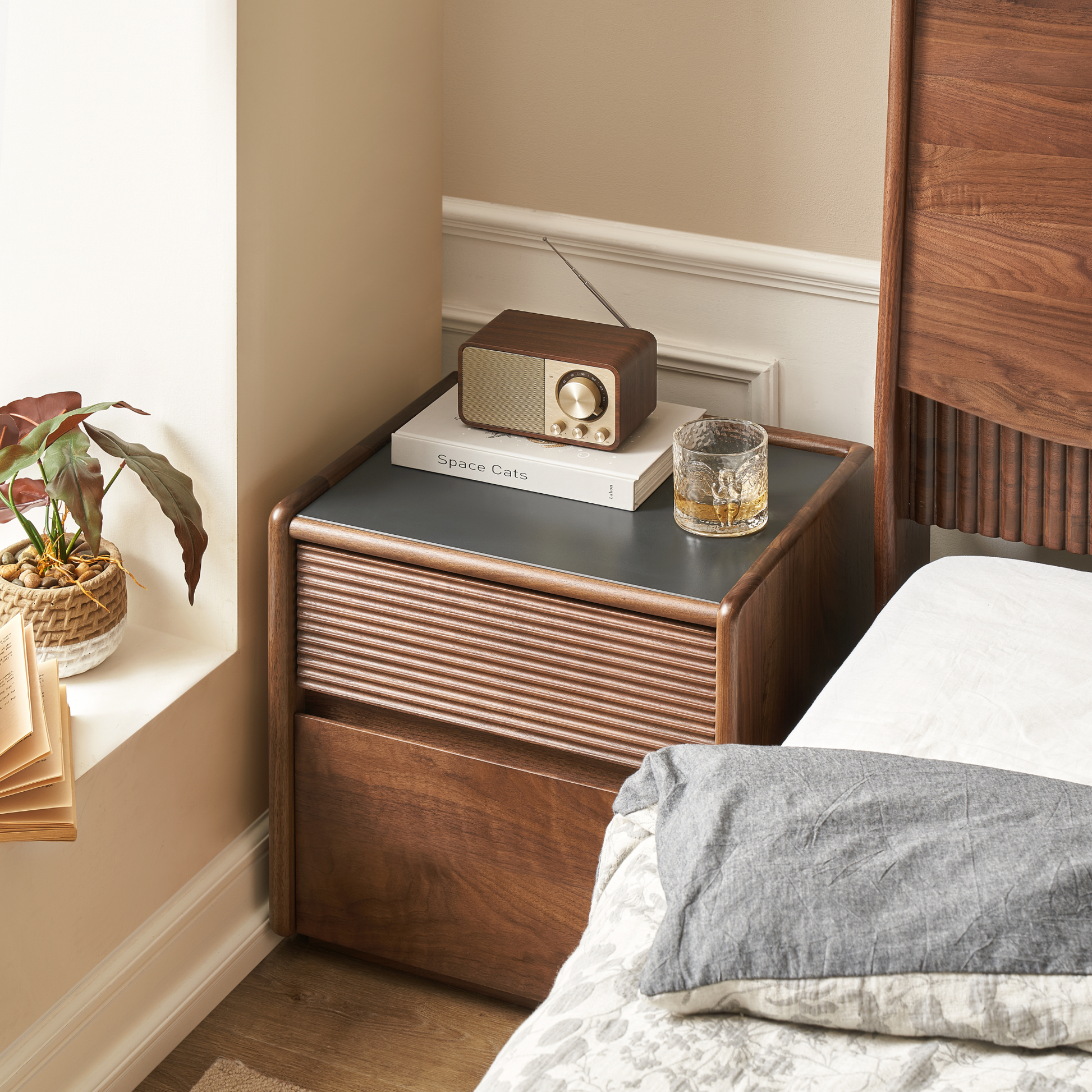 Solidwood Luxembourg Bedside Table, American Black Walnut, Wide