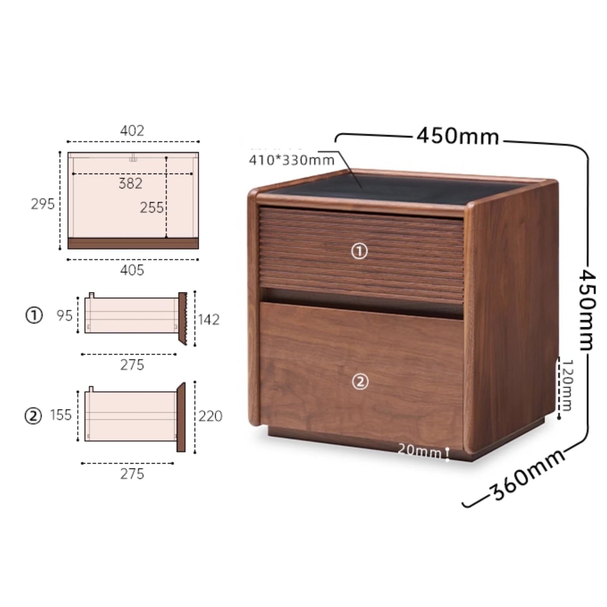 Solidwood Luxembourg Bedside Table, American Black Walnut, Wide