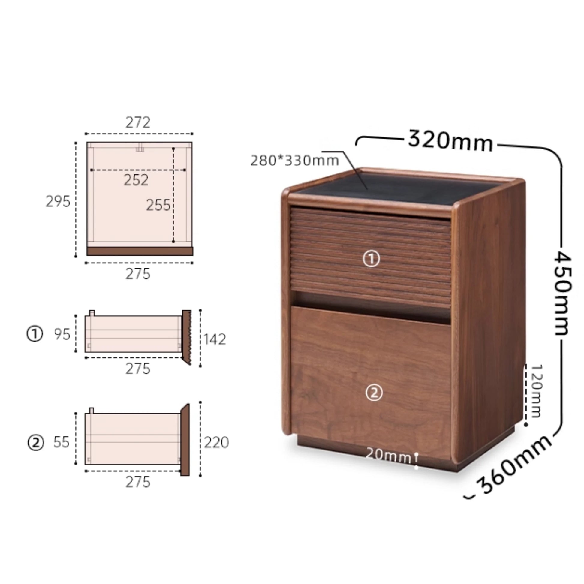Solidwood Luxembourg Bedside Table, American Black Walnut, Compact