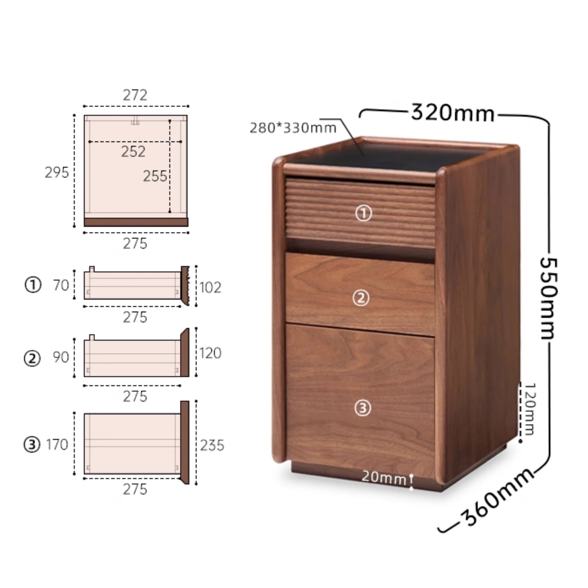 Solidwood Luxembourg Bedside Table, American Black Walnut, Tall