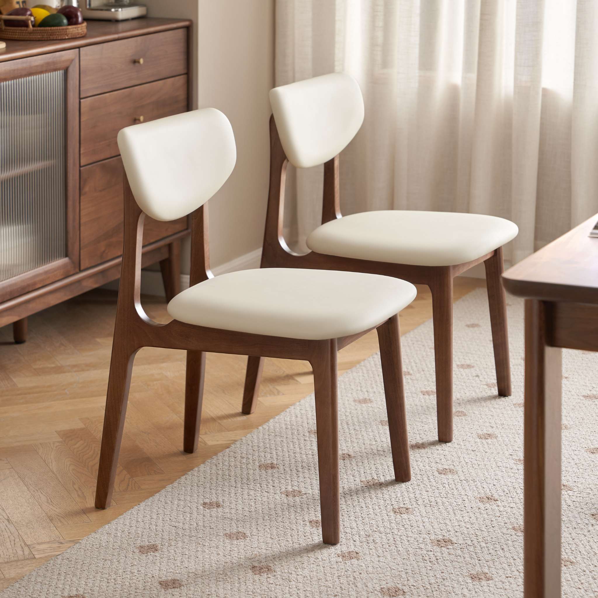 Solidwood Luxembourg American Black Walnut Dining Chair with Cushion, Neutral White, Set of 2