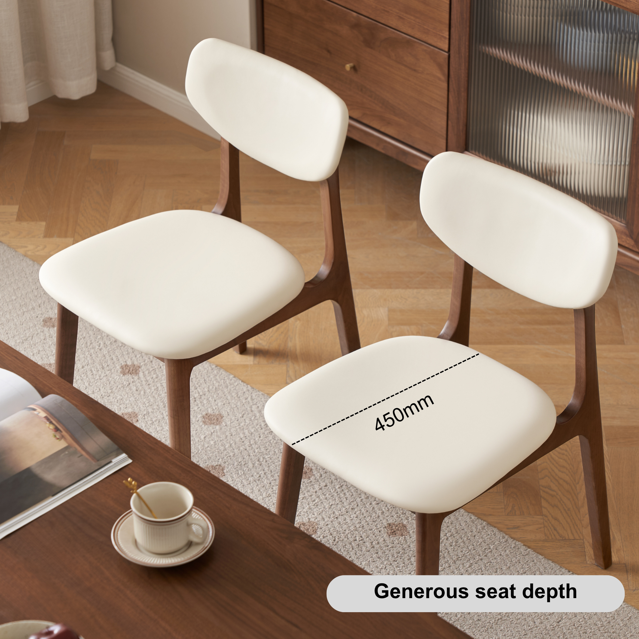 Solidwood Luxembourg American Black Walnut Dining Chair with Cushion, Neutral White, Set of 2