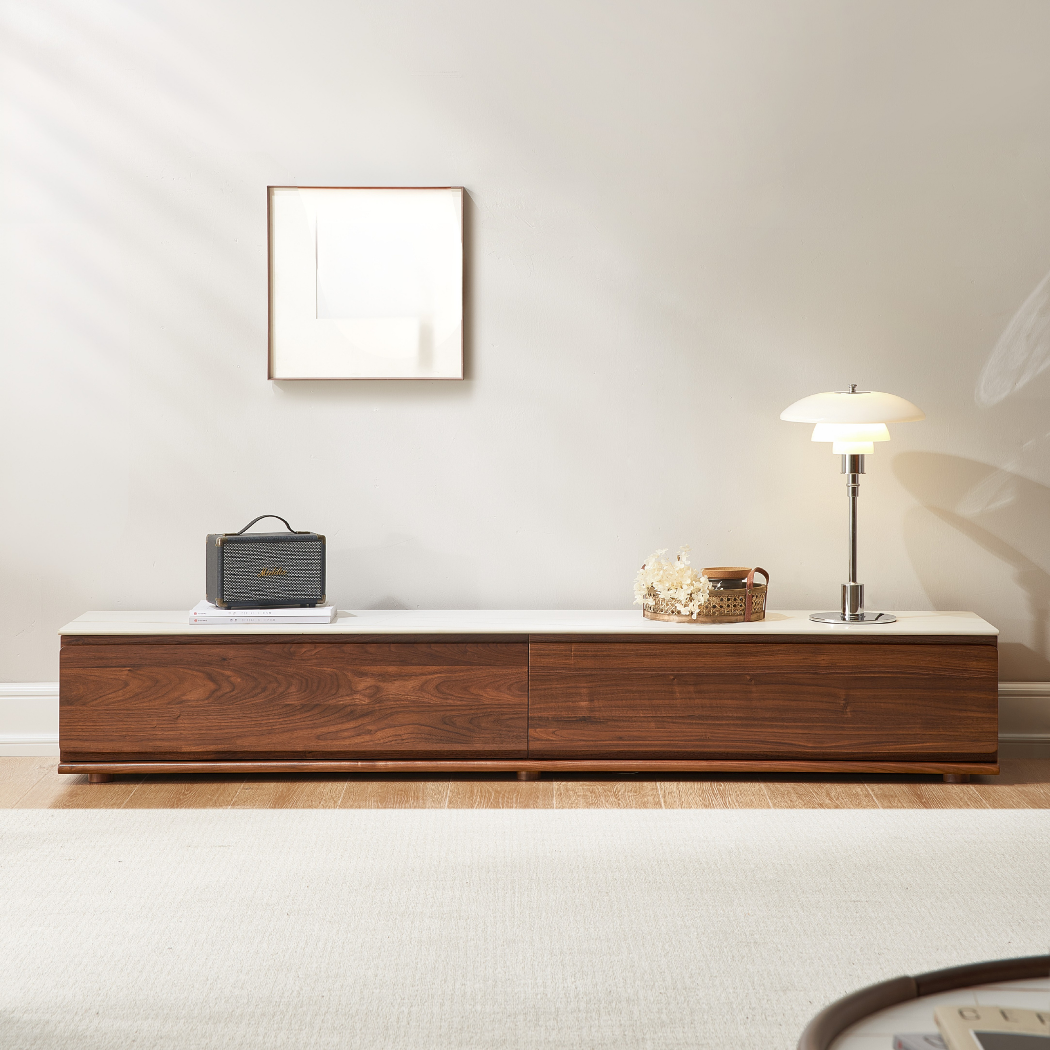 Solidwood Luxembourg Sintered Stone Top Entertainment Unit, W180cm, American Black Walnut & White Marble