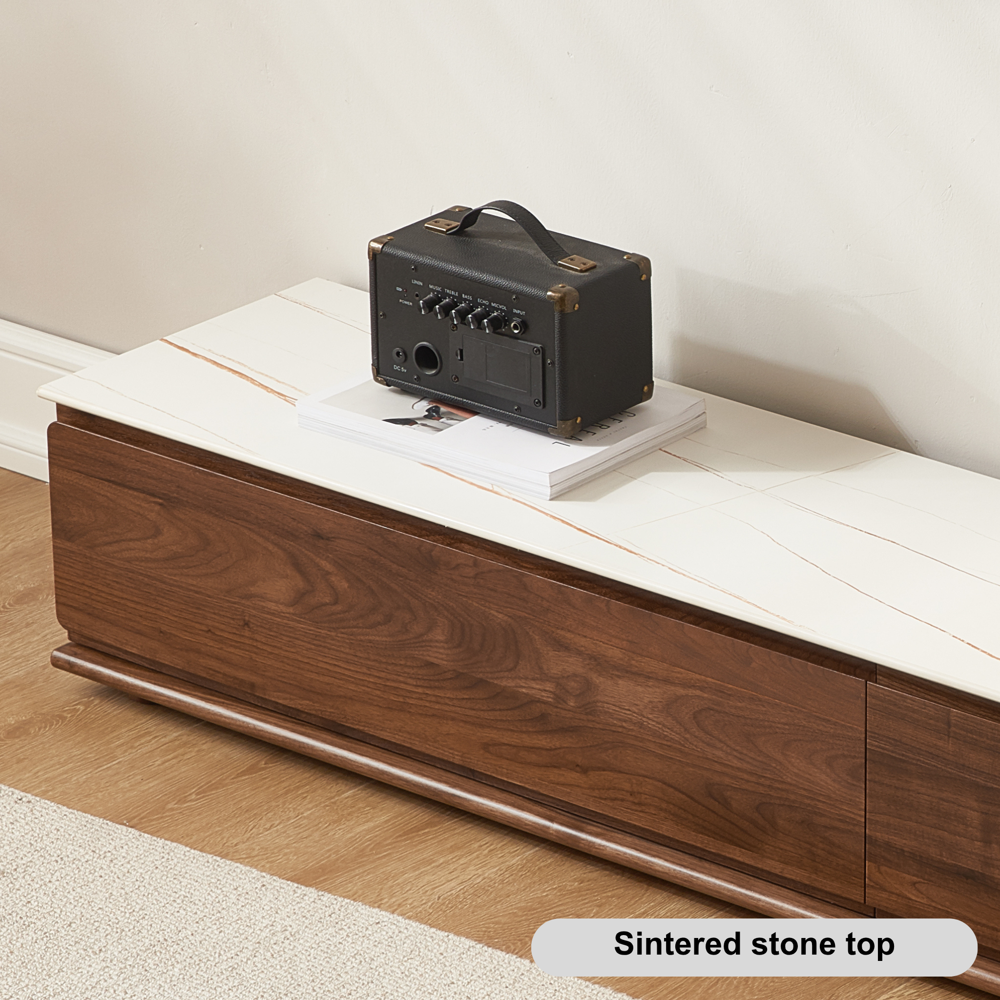 Solidwood Luxembourg Sintered Stone Top Entertainment Unit, W180cm, American Black Walnut & White Marble