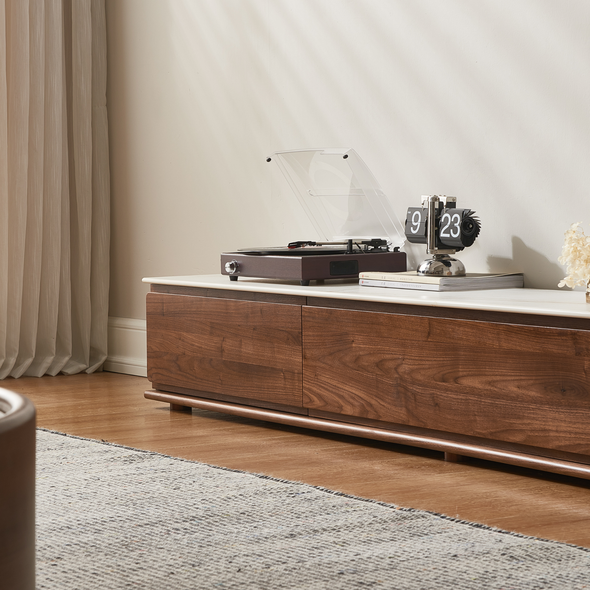 Solidwood Luxembourg Sintered Stone Top Entertainment Unit, W180cm, American Black Walnut & White Marble