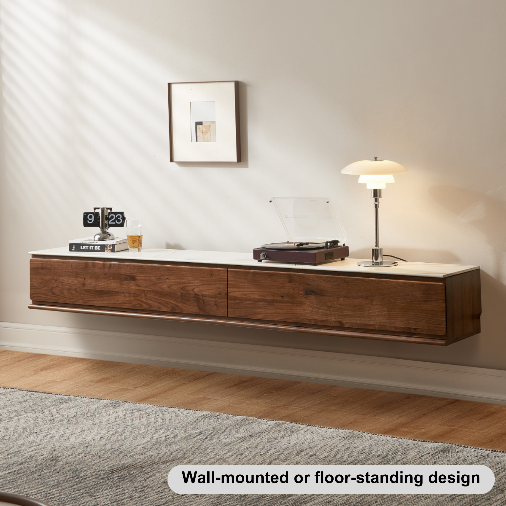 Solidwood Luxembourg Sintered Stone Top Entertainment Unit, W180cm, American Black Walnut & White Marble