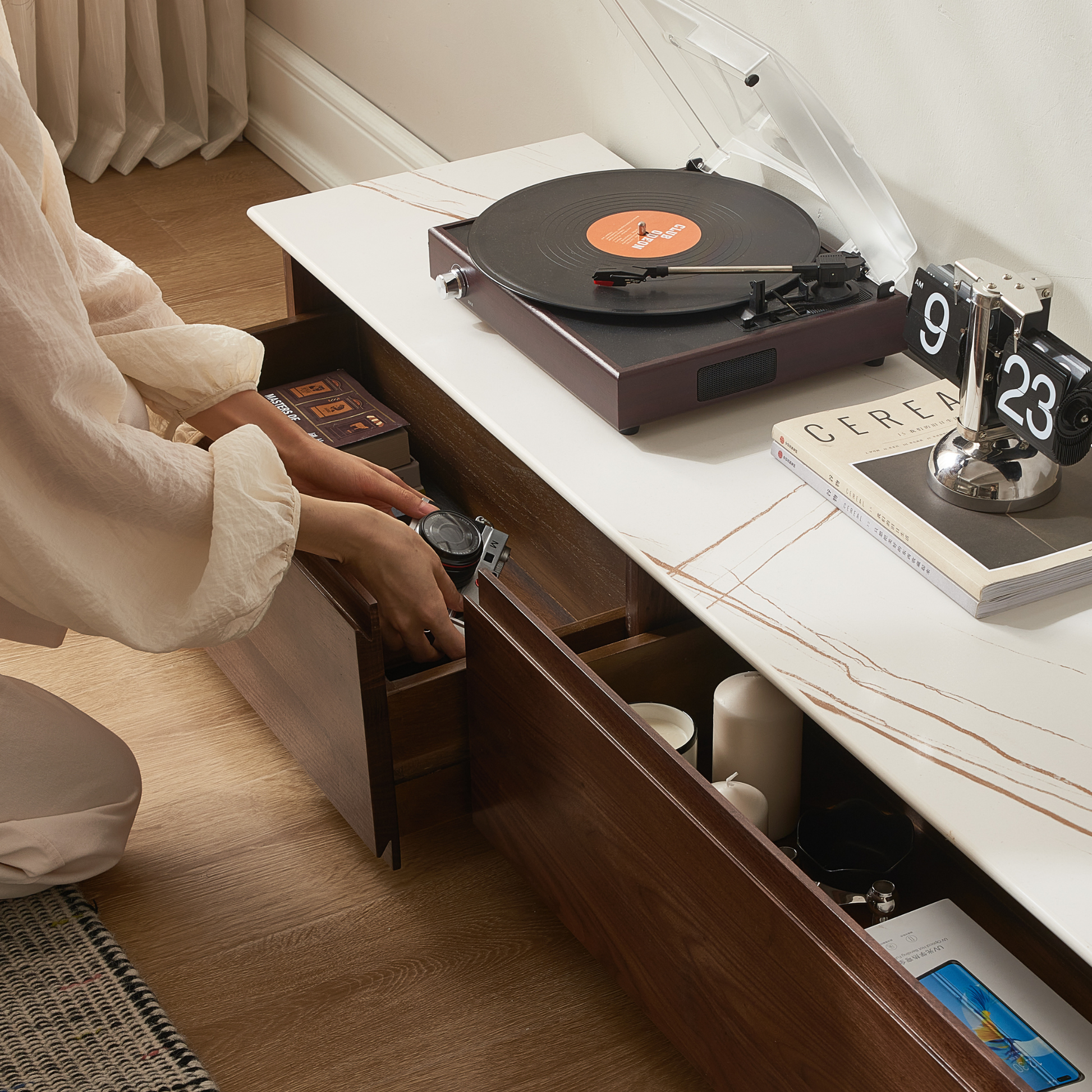 Solidwood Luxembourg Sintered Stone Top Entertainment Unit, W180cm, American Black Walnut & White Marble