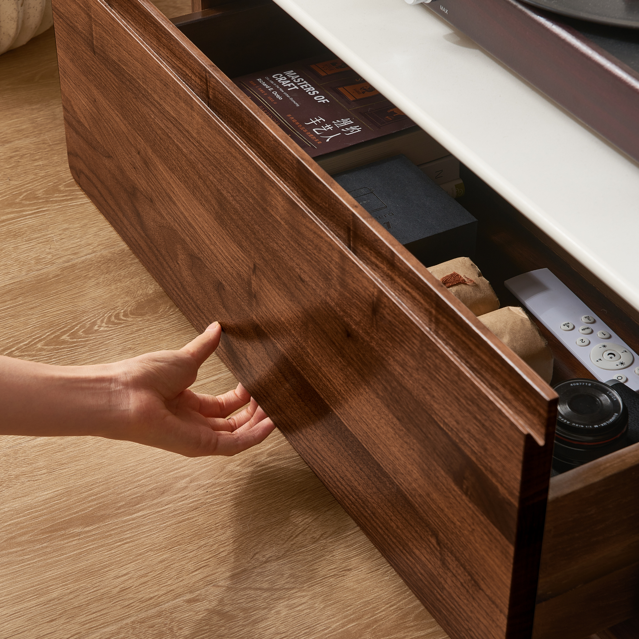 Solidwood Luxembourg Sintered Stone Top Entertainment Unit, W180cm, American Black Walnut & White Marble