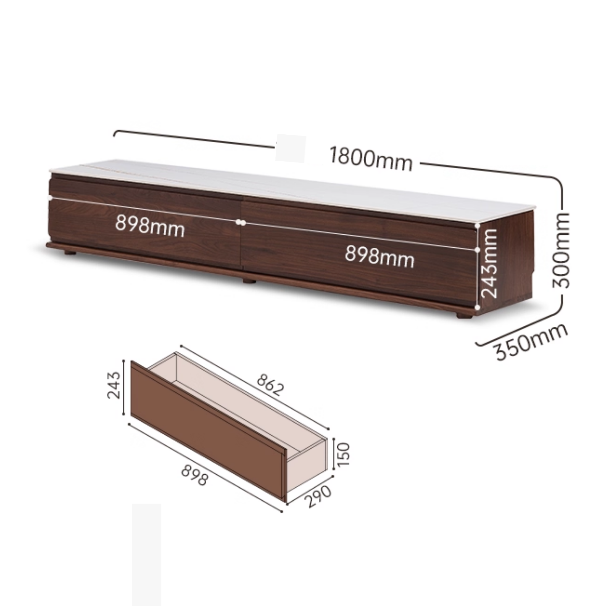 Solidwood Luxembourg Sintered Stone Top Entertainment Unit, W180cm, American Black Walnut & White Marble