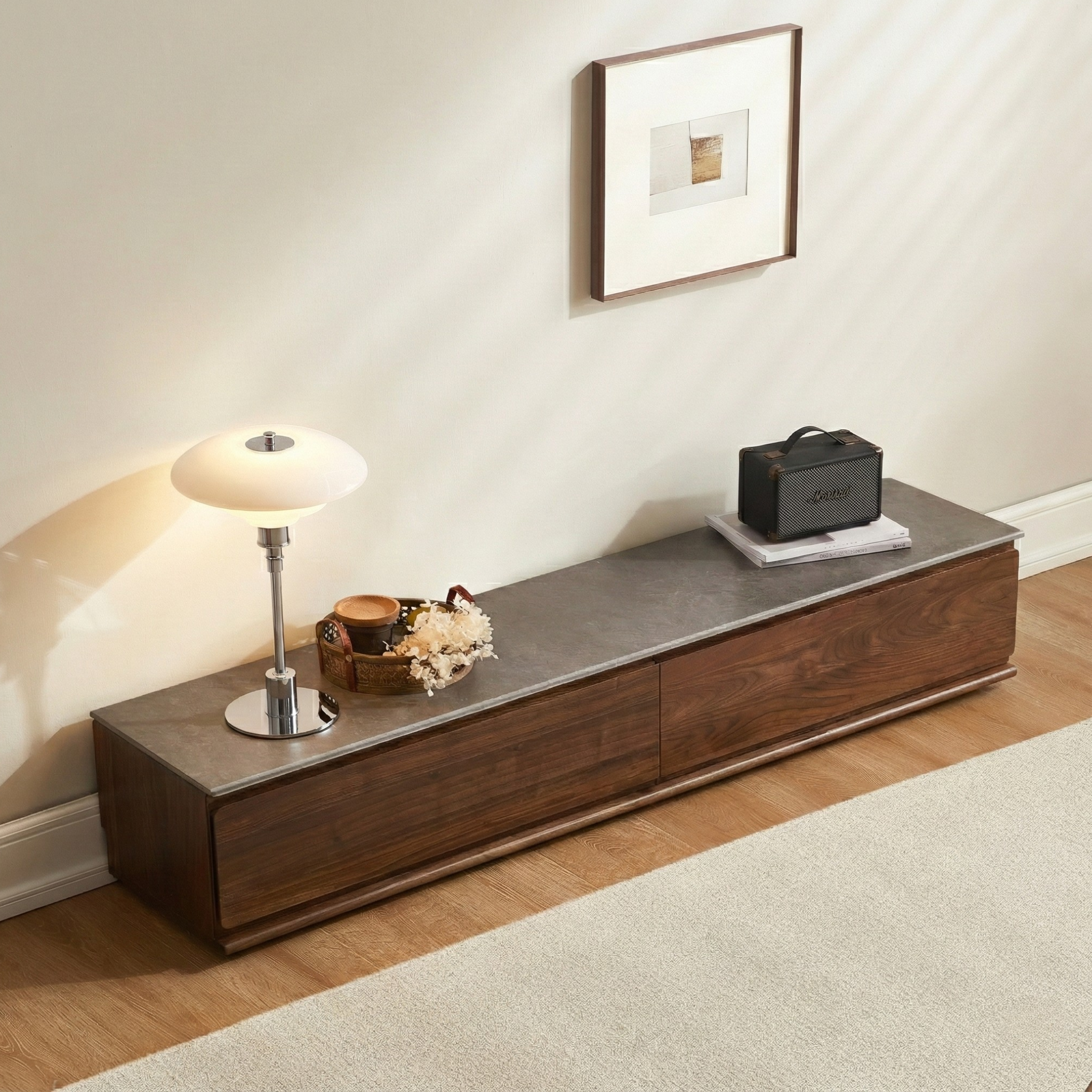 Solidwood Luxembourg Sintered Stone Top Entertainment Unit, W120cm, American Black Walnut & Grey Marble