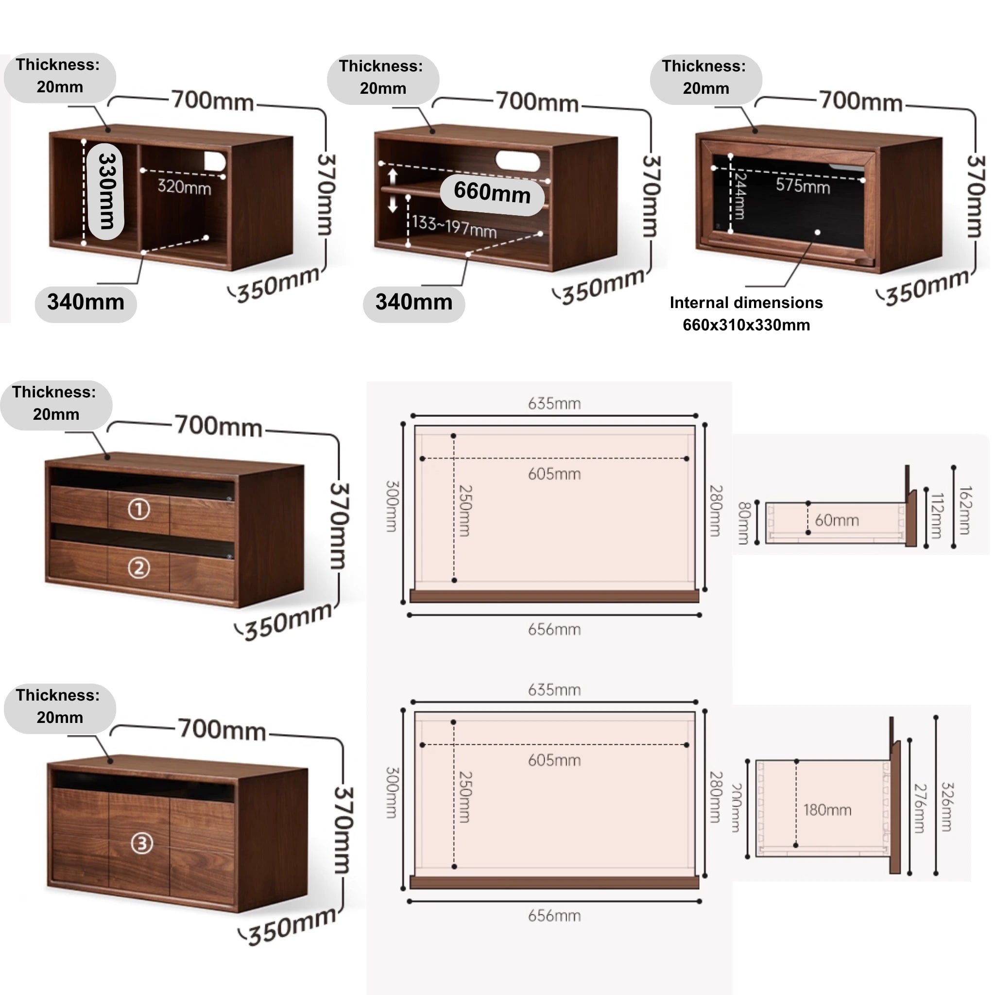 Solidwood Luxembourg Set of 6 Modular Entertainment Unit, American Black Walnut