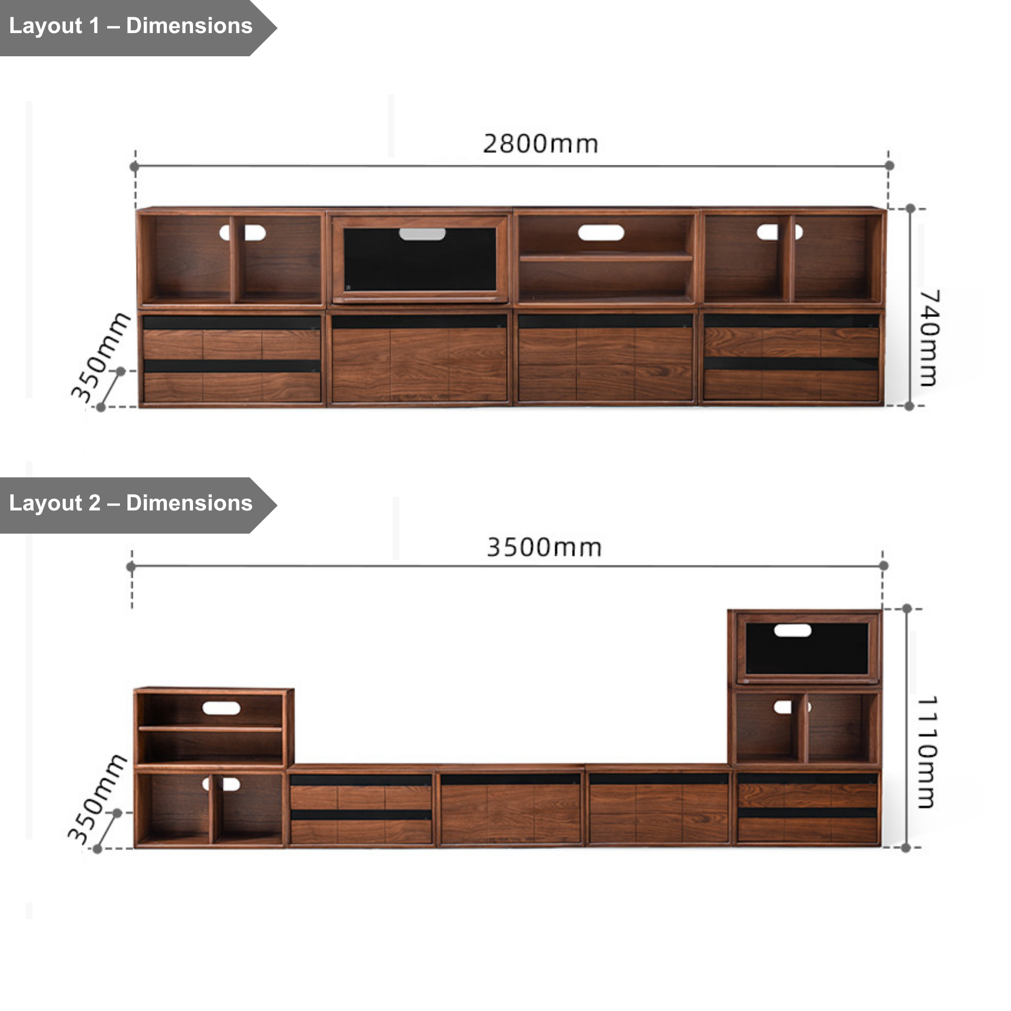 Solidwood Luxembourg Set of 8 Modular Entertainment Unit, American Black Walnut