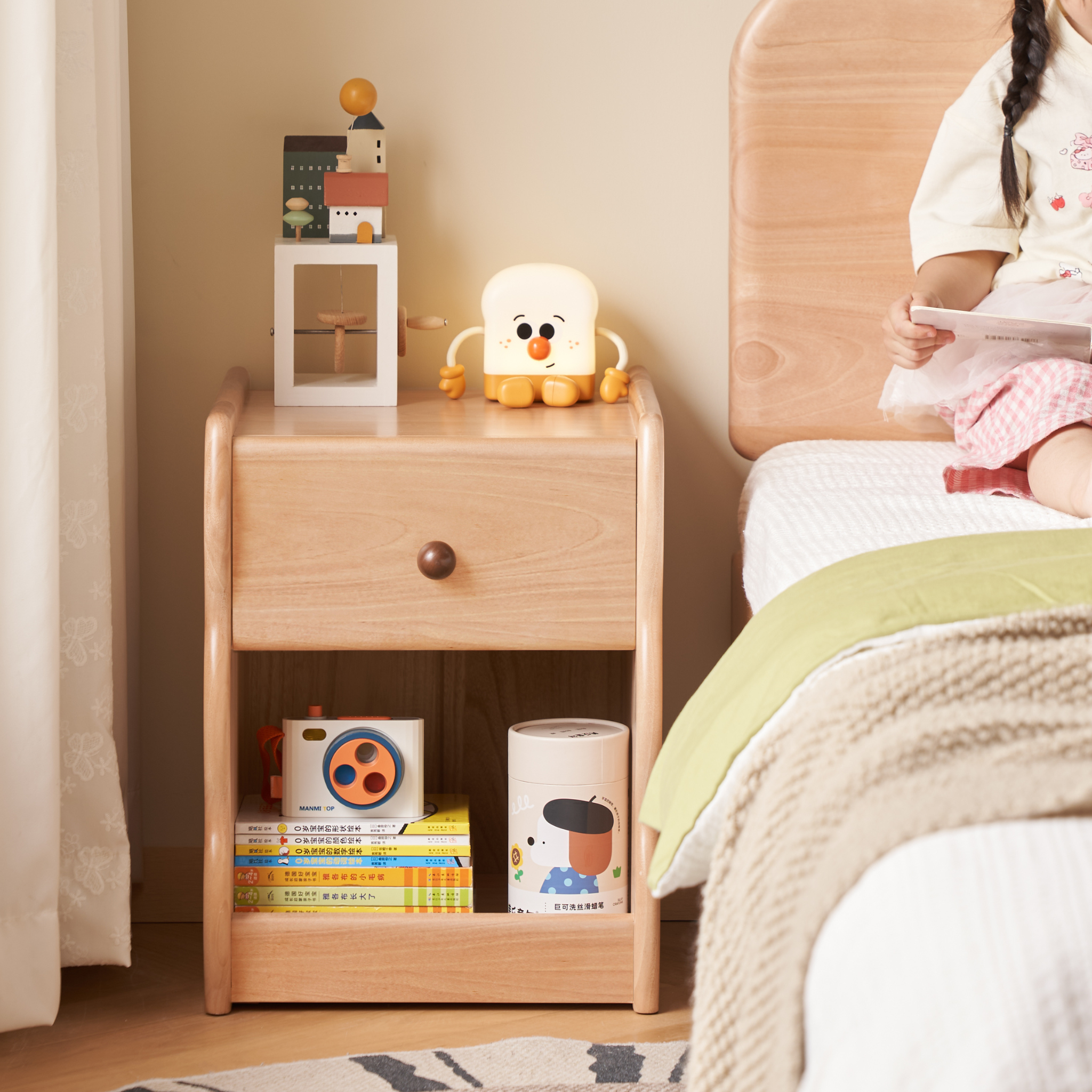 Solidwood Milo Kids Bedside Table, Premium Birch