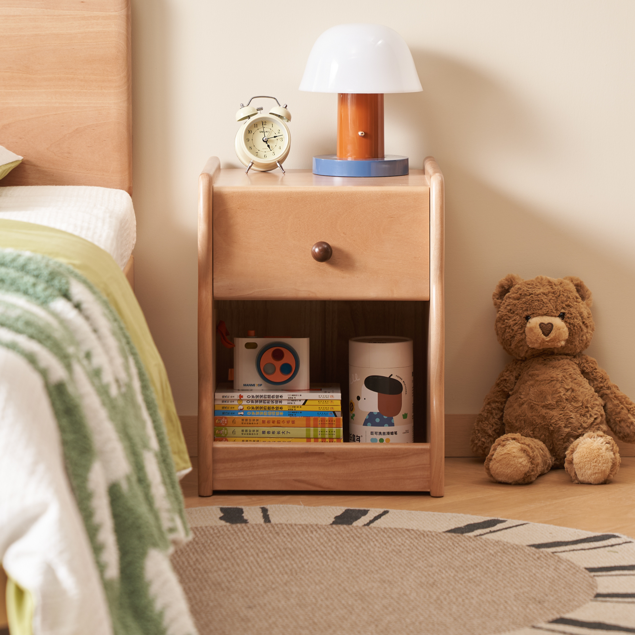 Solidwood Milo Kids Bedside Table, Premium Birch