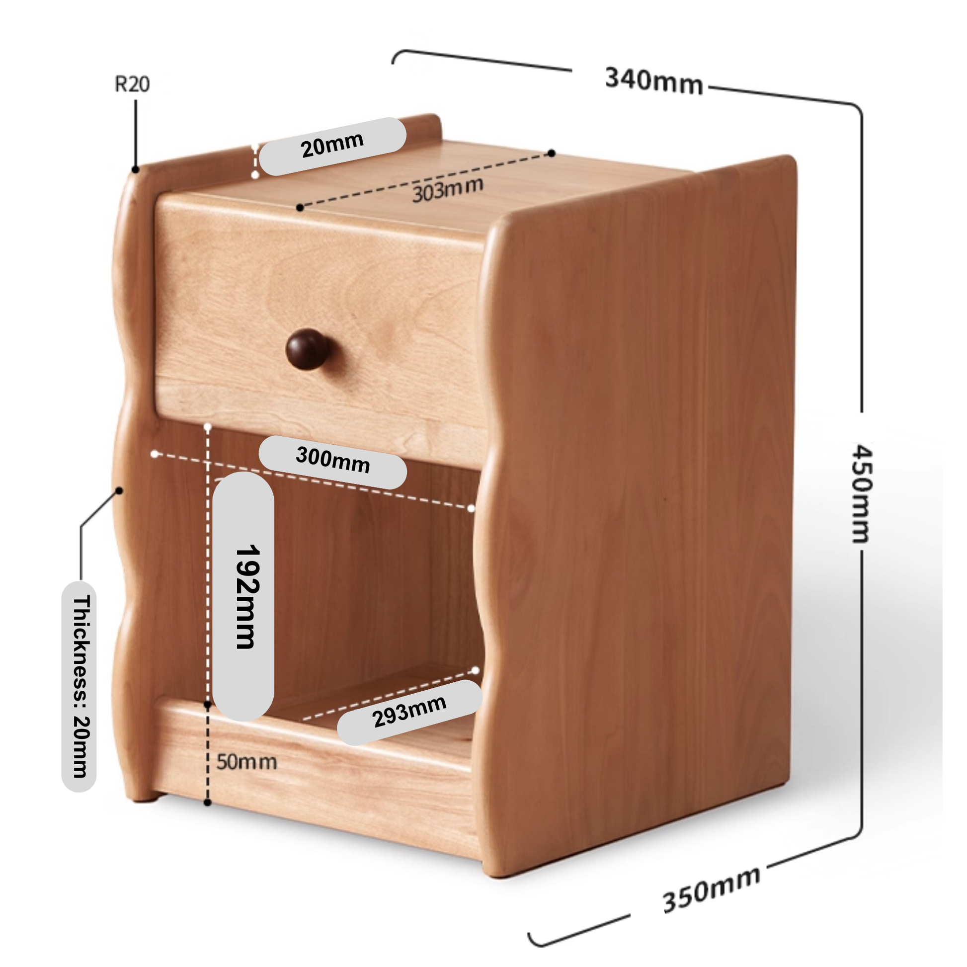 Solidwood Milo Kids Bedside Table, Premium Birch