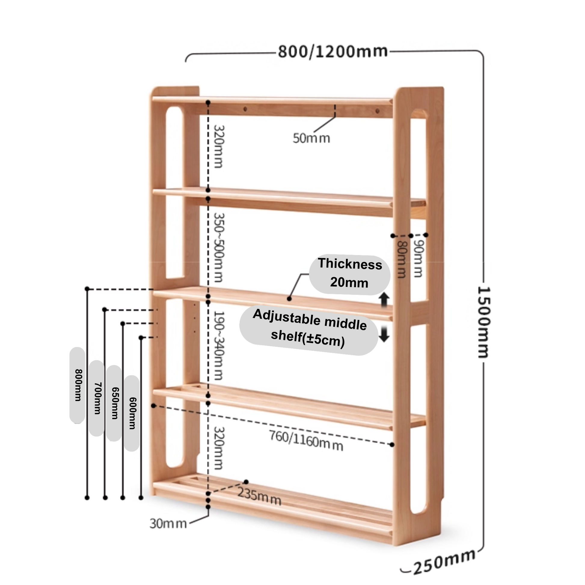 Solidwood Milo Kids 5-Tier Bookshelf, Premium Birch, W80cm