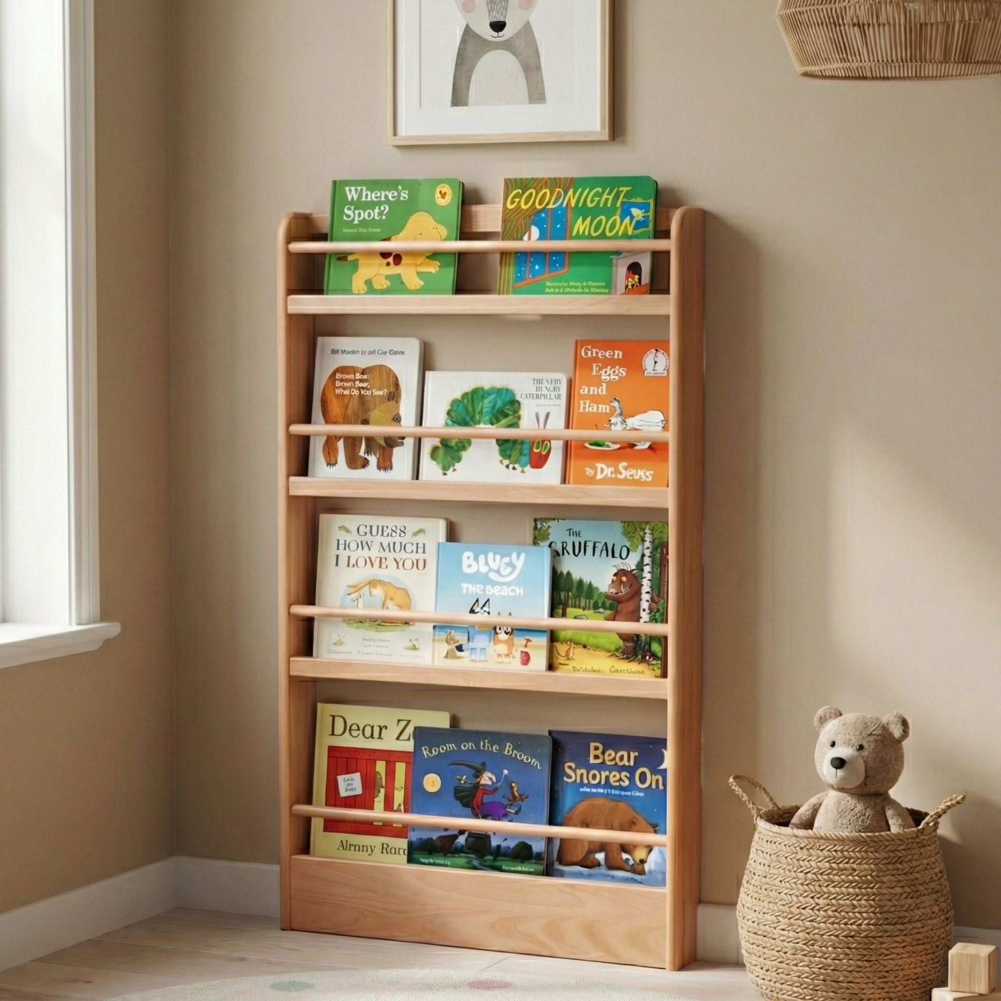 Solidwood Milo Kids 4-Tier Display Bookshelf, Premium Birch