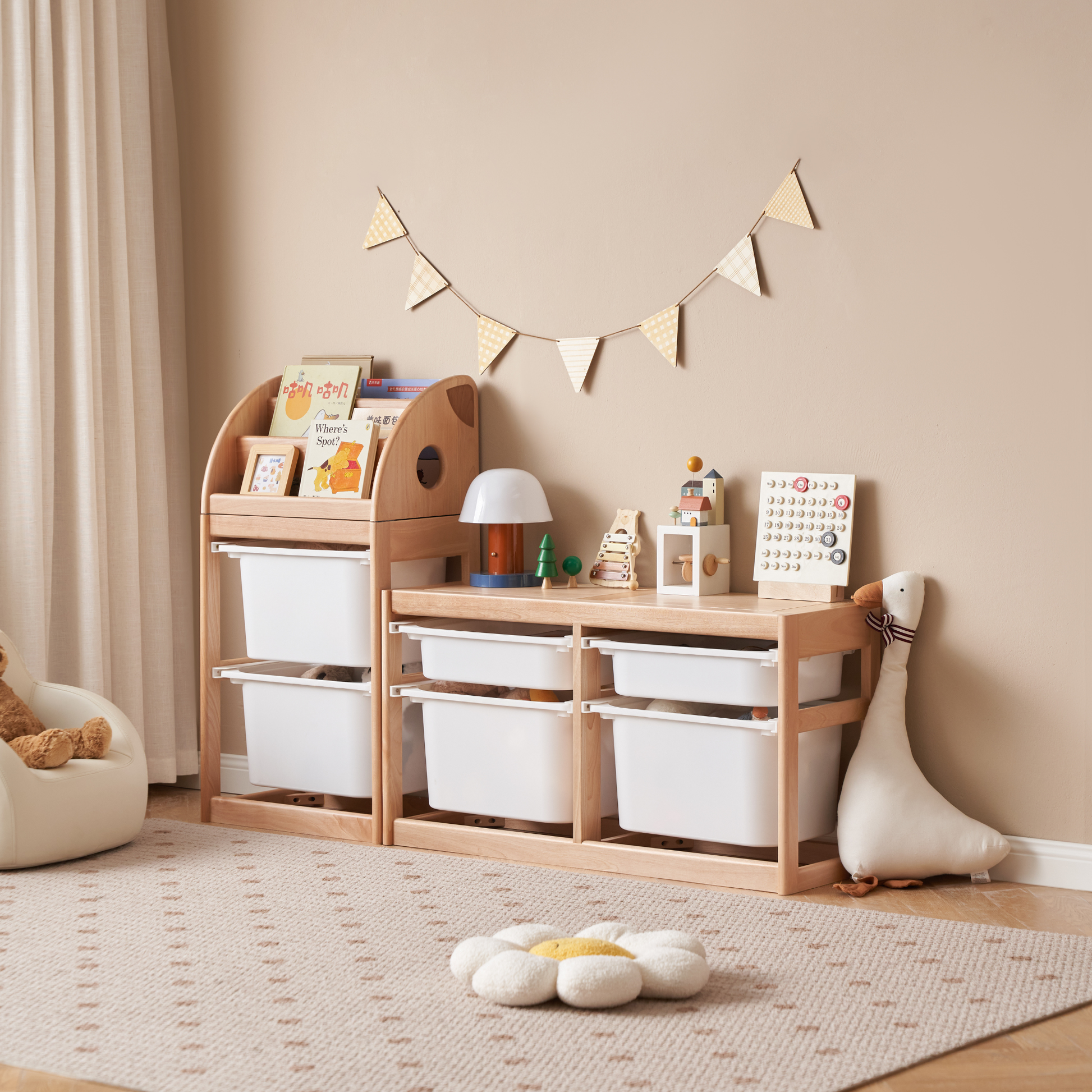 Solidwood Milo Kids Toy Storage Module with 2 Boxes, Premium Birch