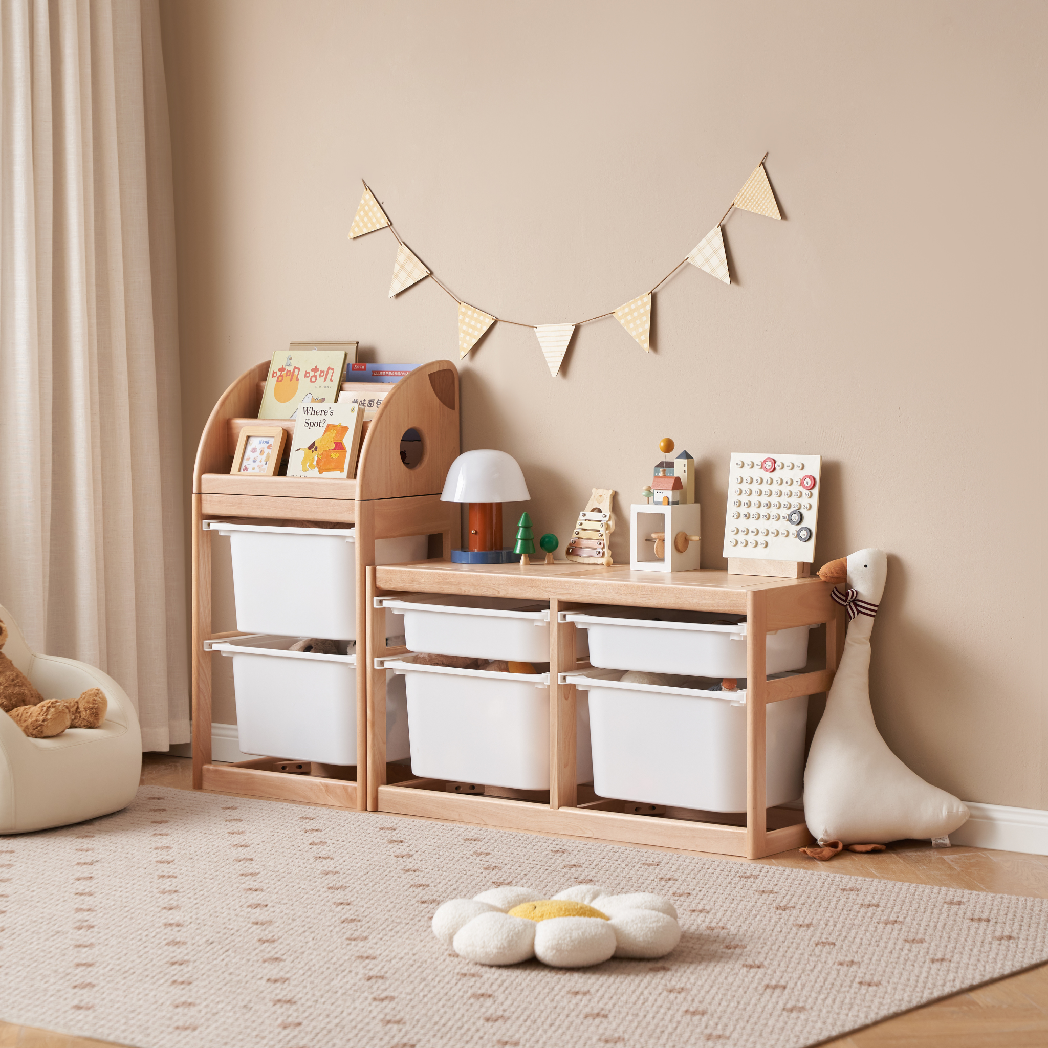 Solidwood Milo Kids Toy Storage Module with 2 Boxes, Premium Birch