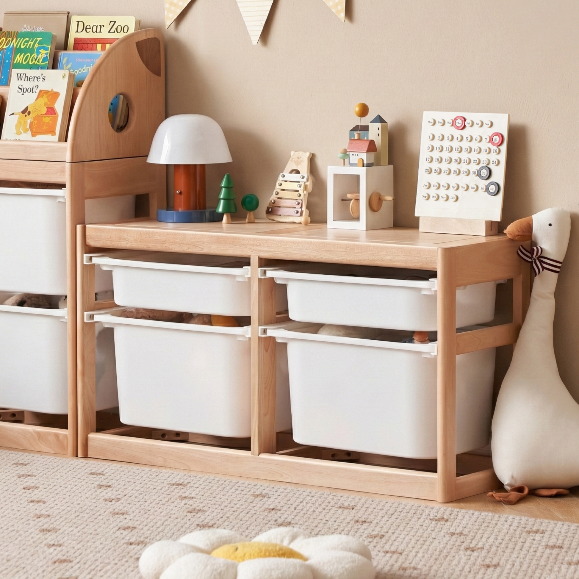 Solidwood Milo Kids Toy Storage Module with 4 Boxes, Premium Birch