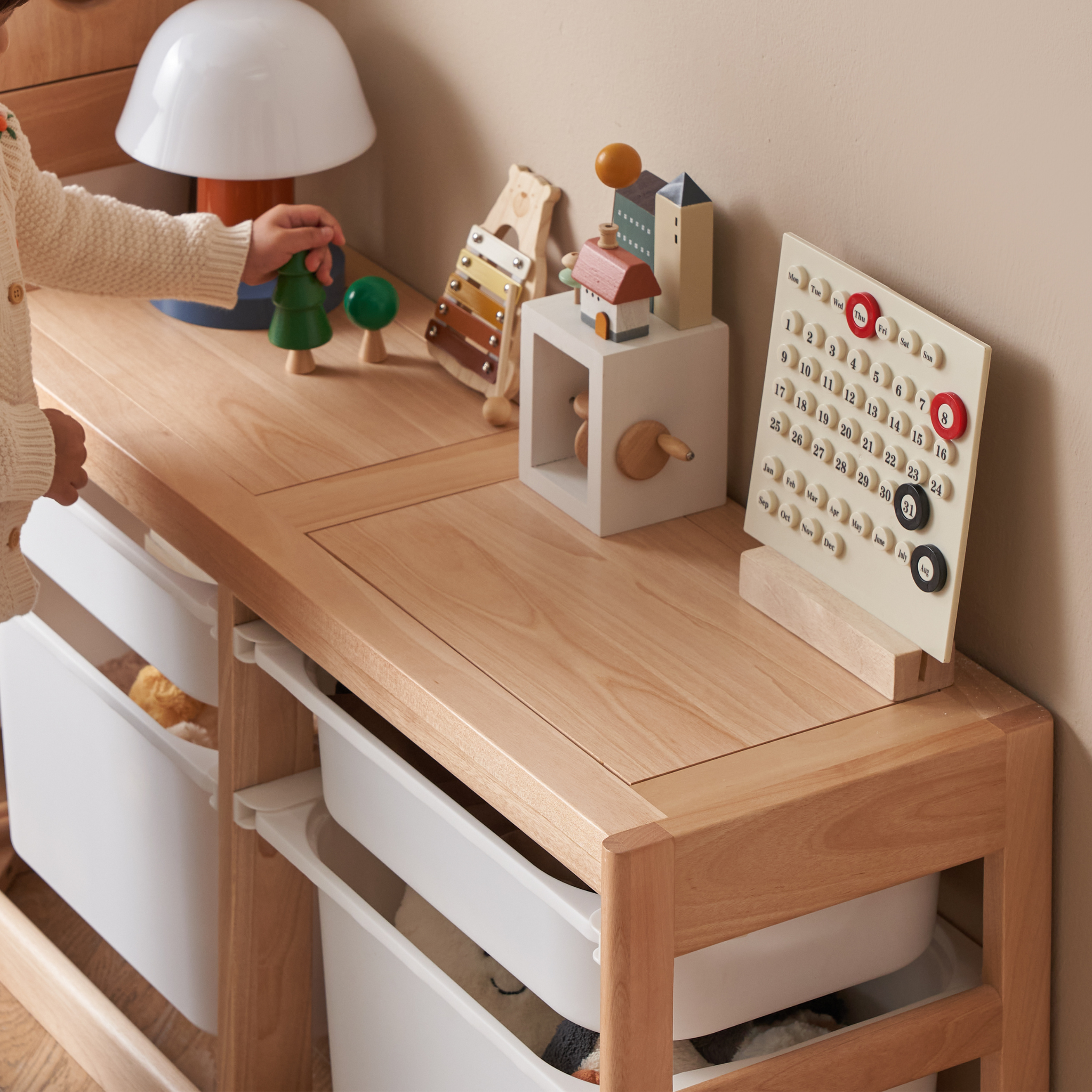 Solidwood Milo Kids Toy Storage Module with 4 Boxes, Premium Birch