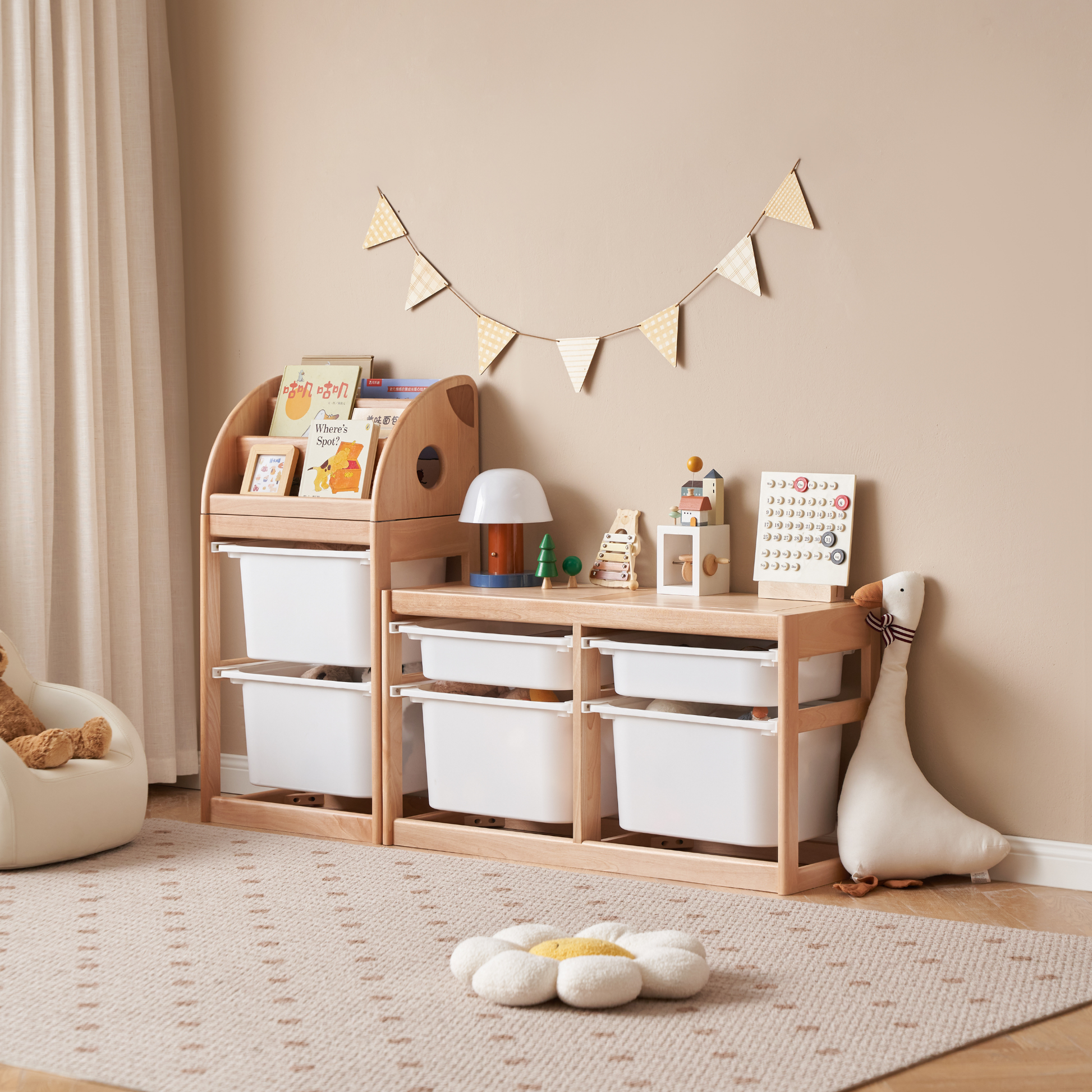 Solidwood Milo Kids Toy Storage Module with 4 Boxes, Premium Birch