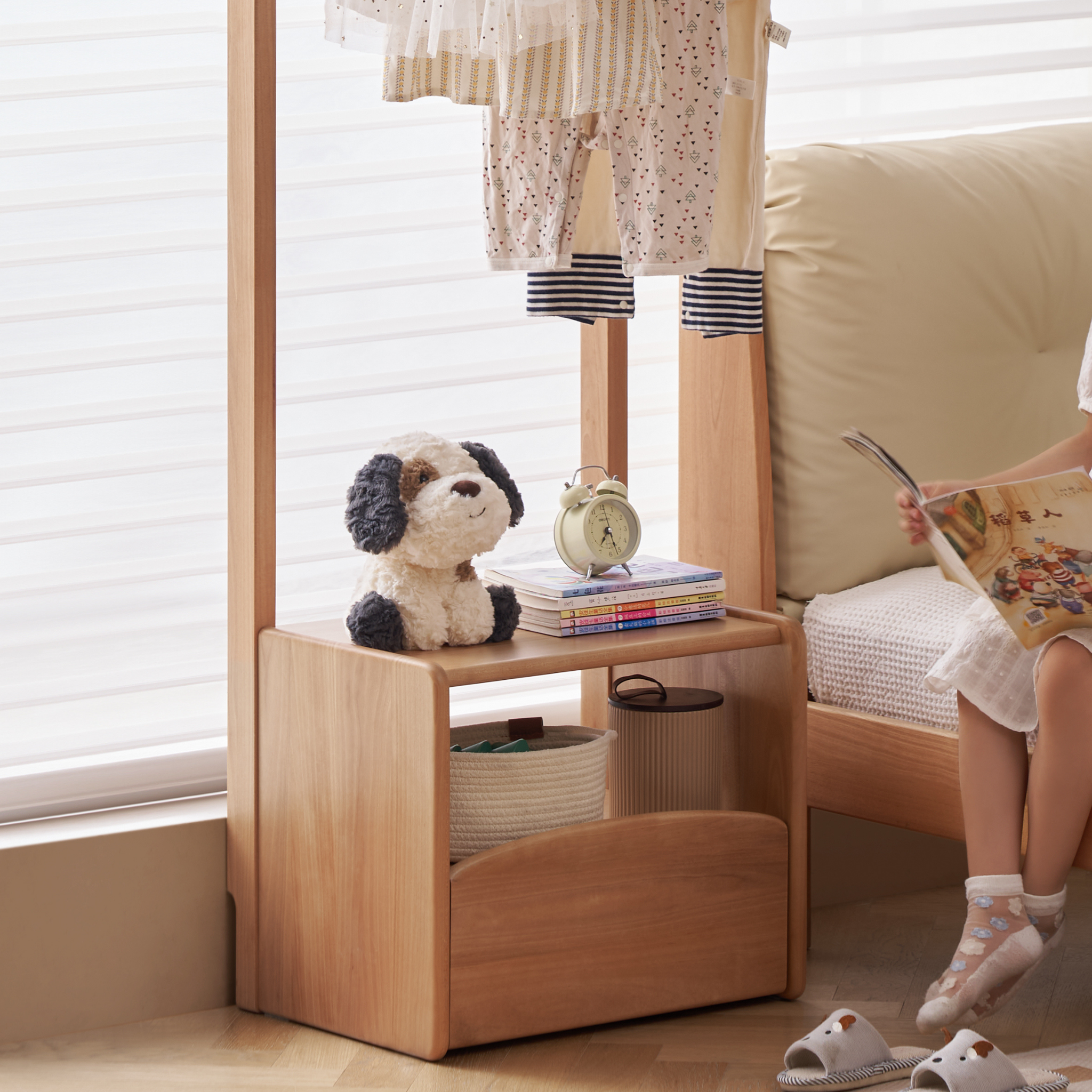 Solidwood Milo Kids Bedside Table with Clothes Rack, Premium Birch