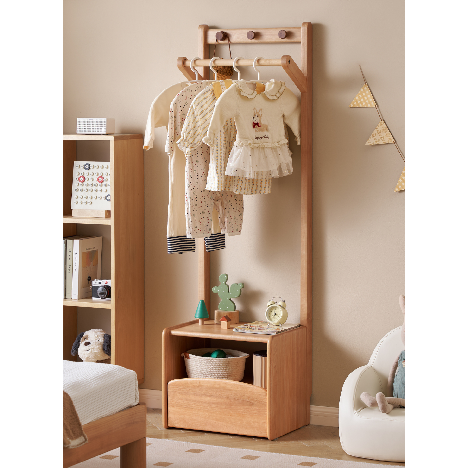 Solidwood Milo Kids Bedside Table with Clothes Rack, Premium Birch