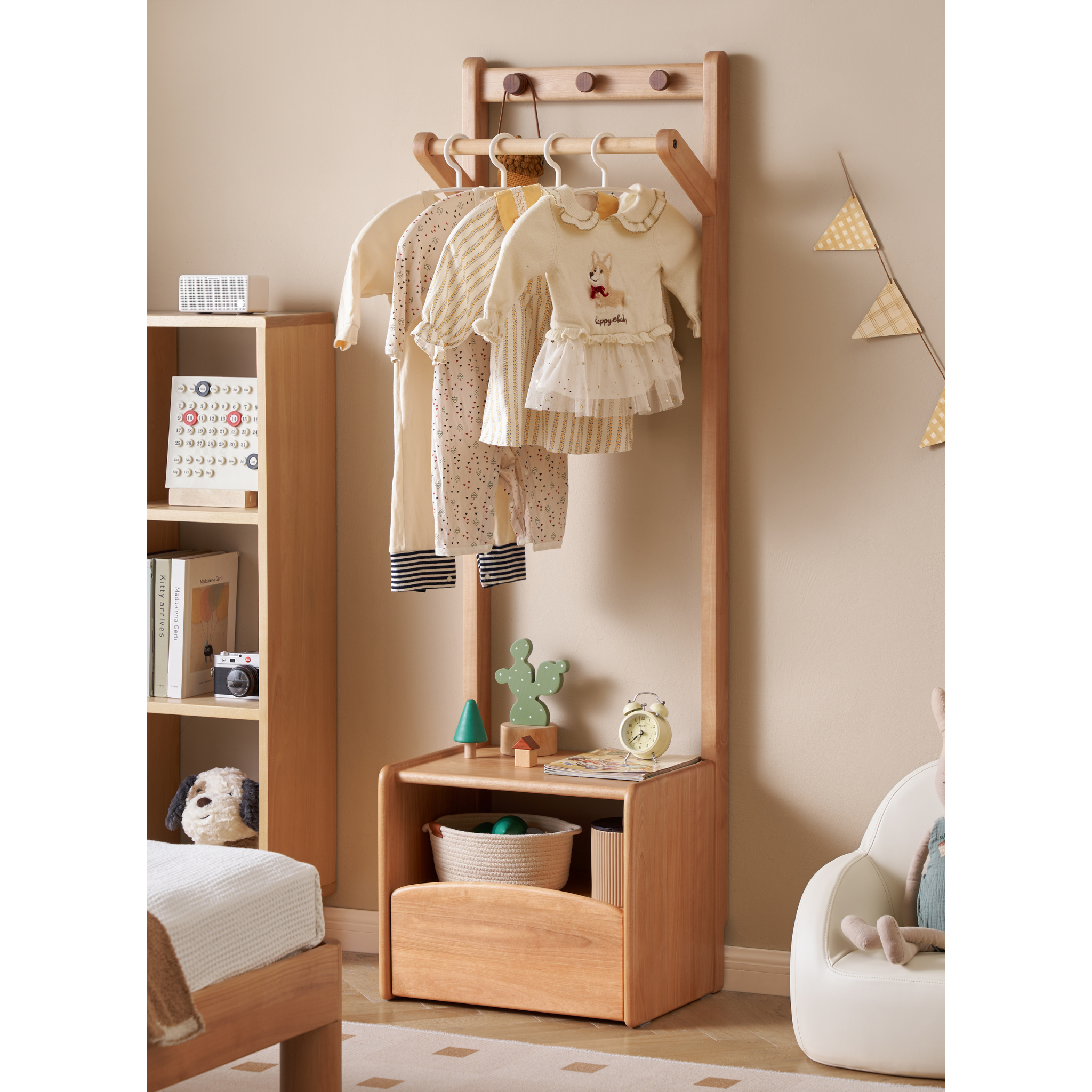 Solidwood Milo Kids Bedside Table with Clothes Rack, Premium Birch