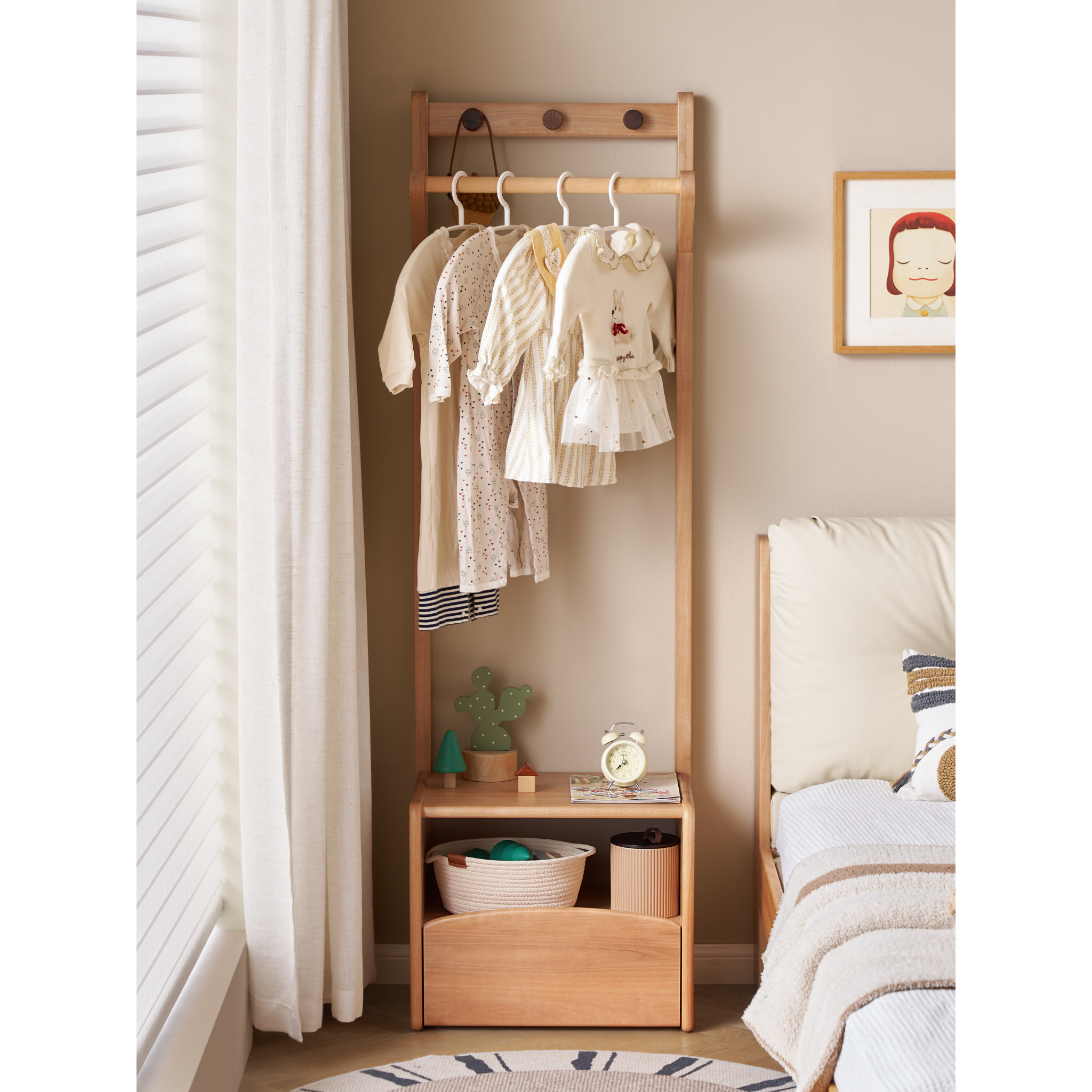 Solidwood Milo Kids Bedside Table with Clothes Rack, Premium Birch