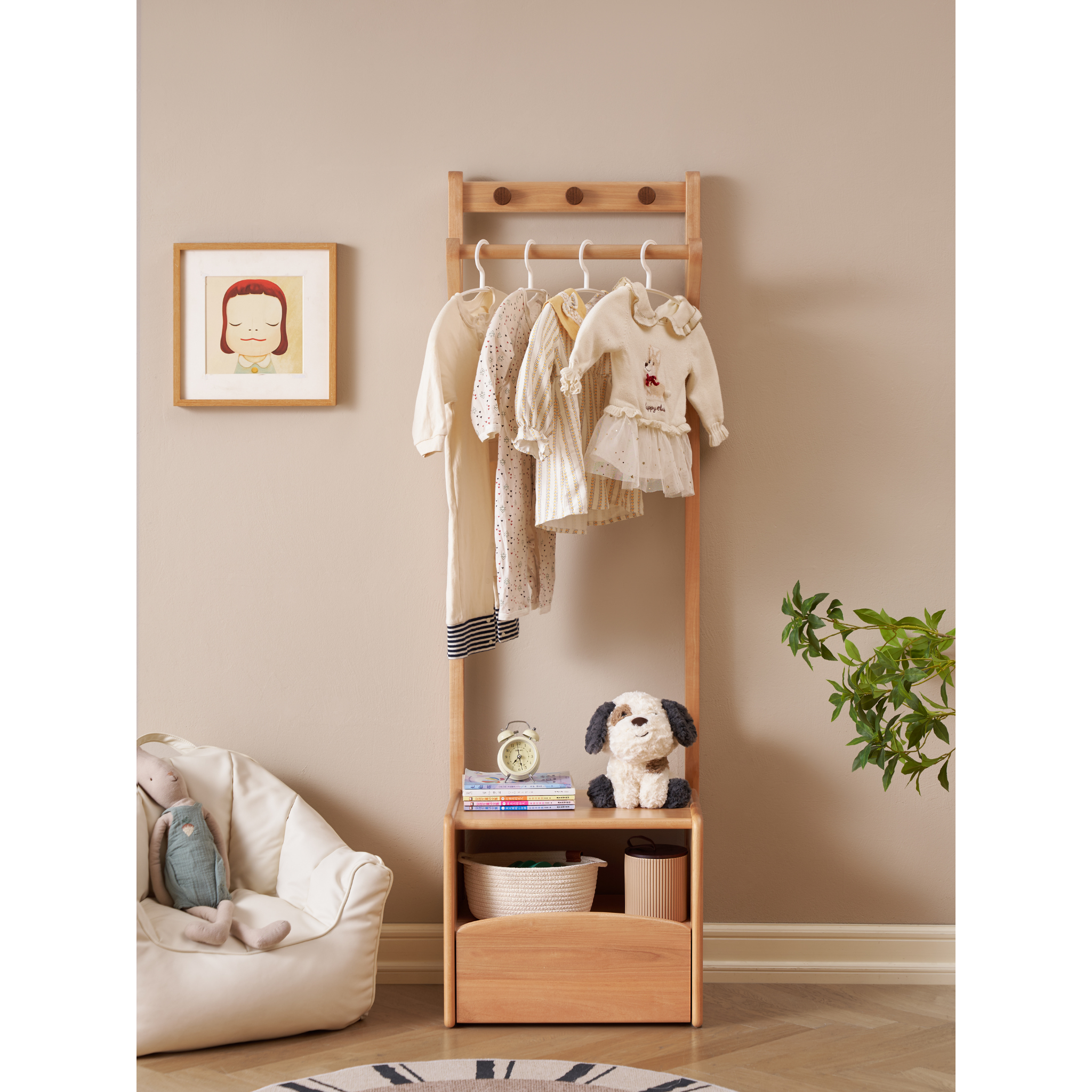 Solidwood Milo Kids Bedside Table with Clothes Rack, Premium Birch